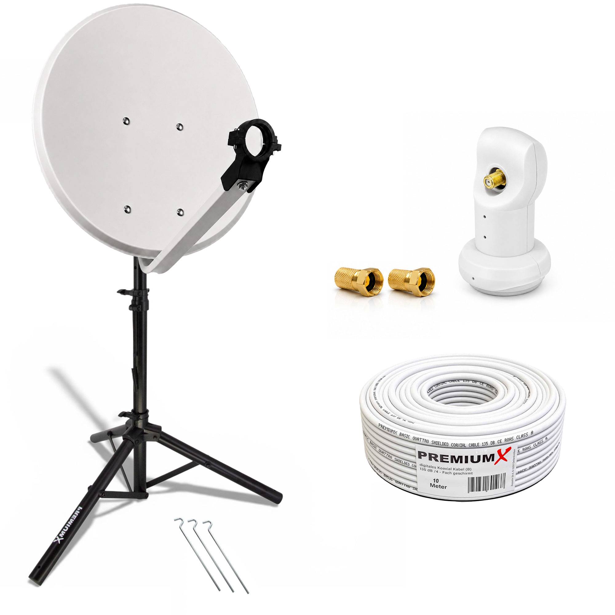 Satellitenschüssel-Set mit Dreibein-Ständer, Koaxialkabelspule, LNB, Steckverbindern und Befestigungsschrauben auf weißem Hintergrund.