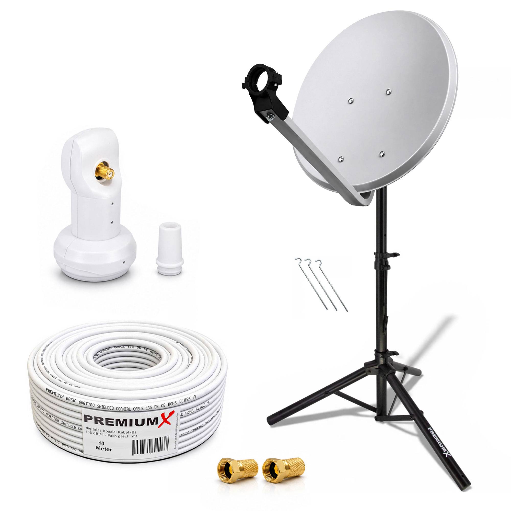 PremiumX Camping Satelliten-Komplettanlage 45cm Satelliten-Schüssel SAT Single LNB Ständer Dreibein-Stativ 10m Kabel 2x F-Stecker