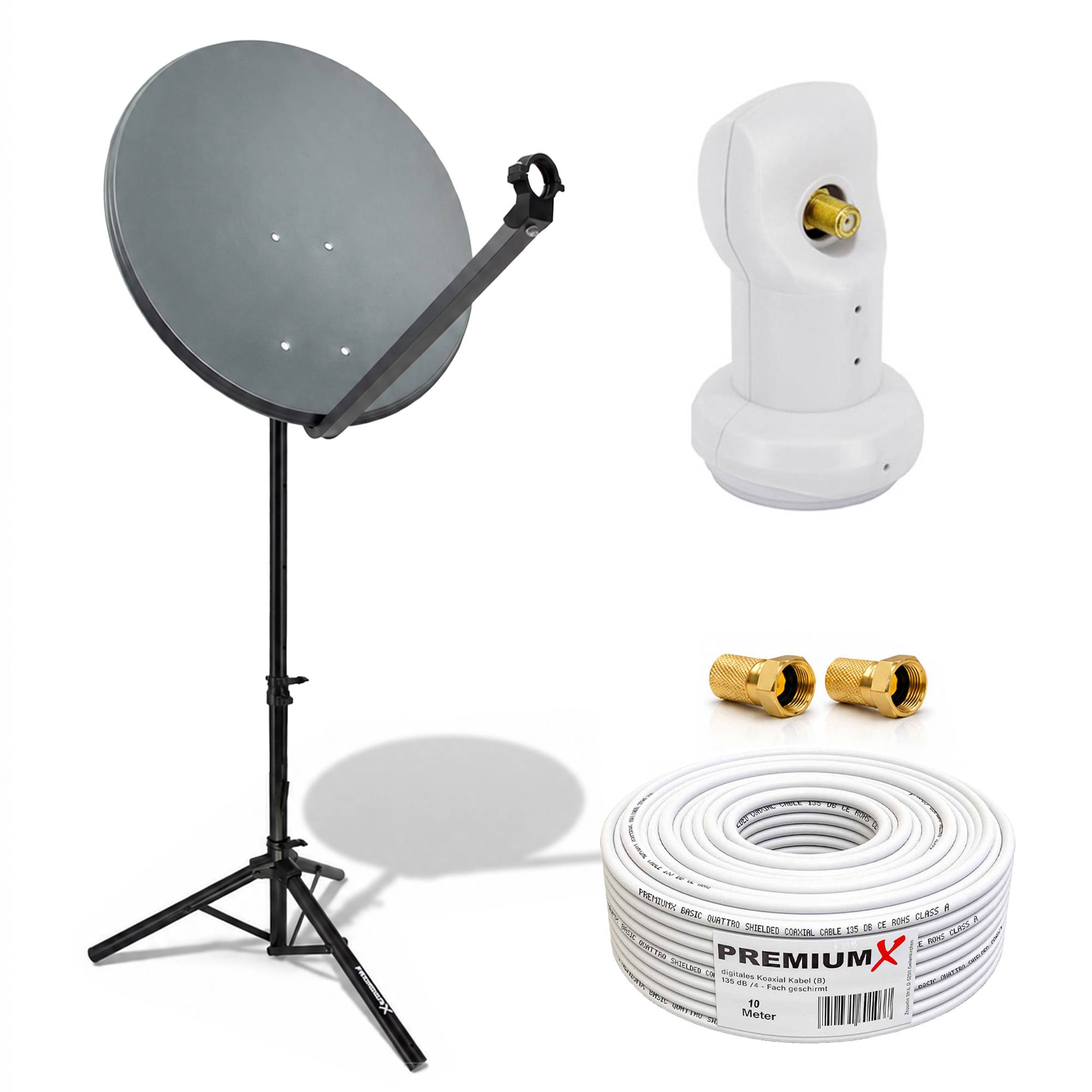 Satellitenschüssel-Antennensatz mit Stativständer, Empfänger, Koaxialkabel und Steckern auf weißem Hintergrund.