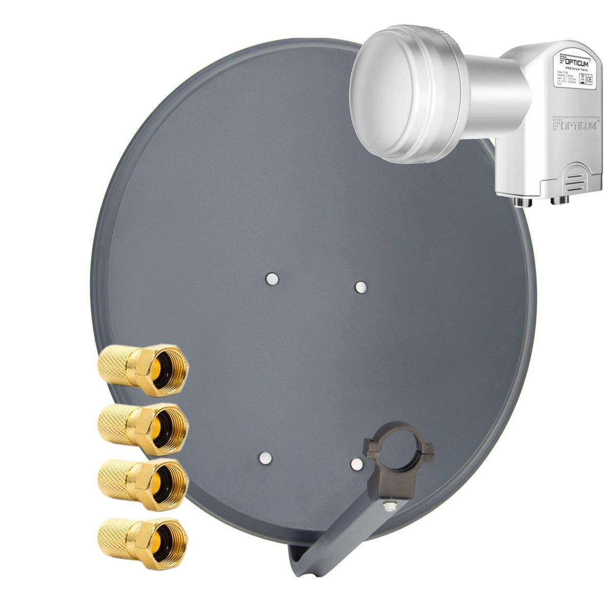 PremiumX Satelliten-Komplettanlage 60cm Schüssel Antenne Anthrazit Opticum SAT Twin LNB für 2 Teilnehmer 4x F-Stecker