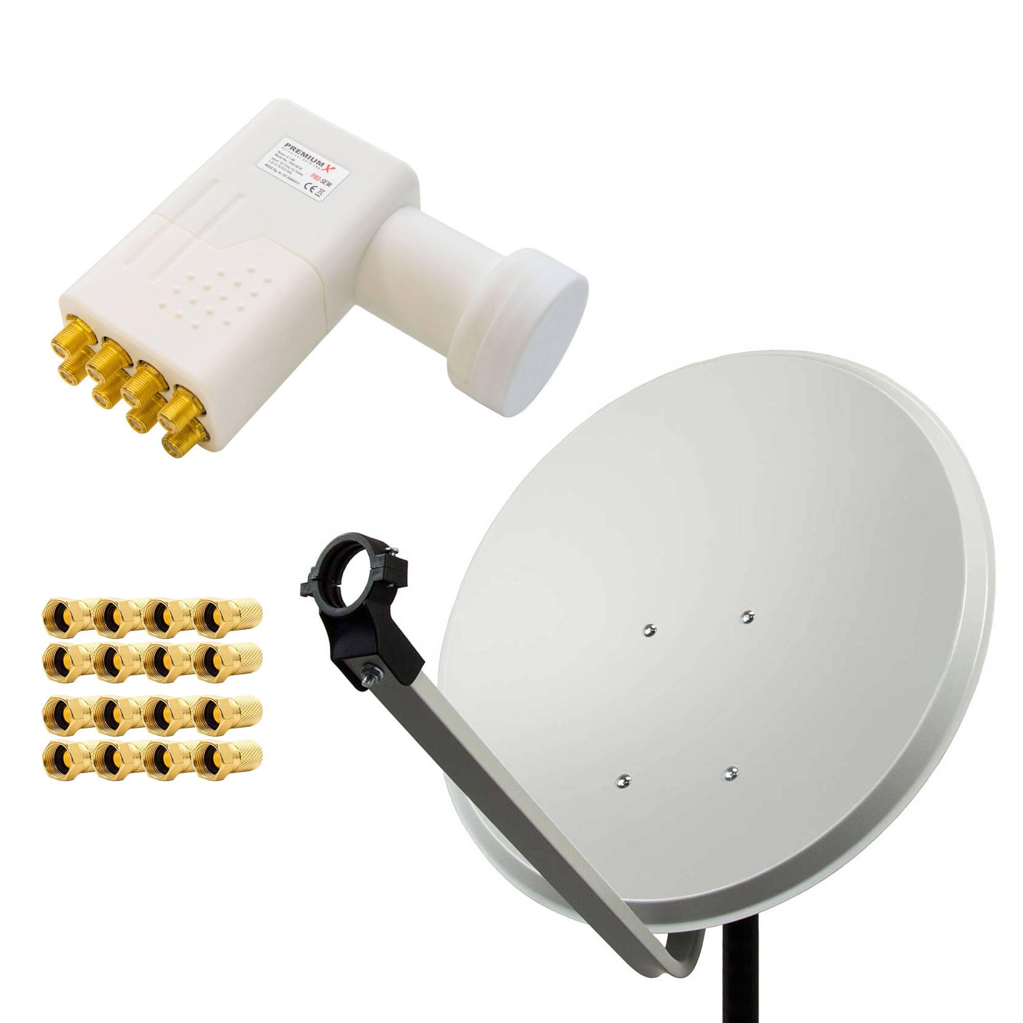 PremiumX Satelliten-Komplettanlage 80cm Antenne Hellgrau Satellitenschüssel Satellitenantenne SAT Octo LNB 16x F-Stecker