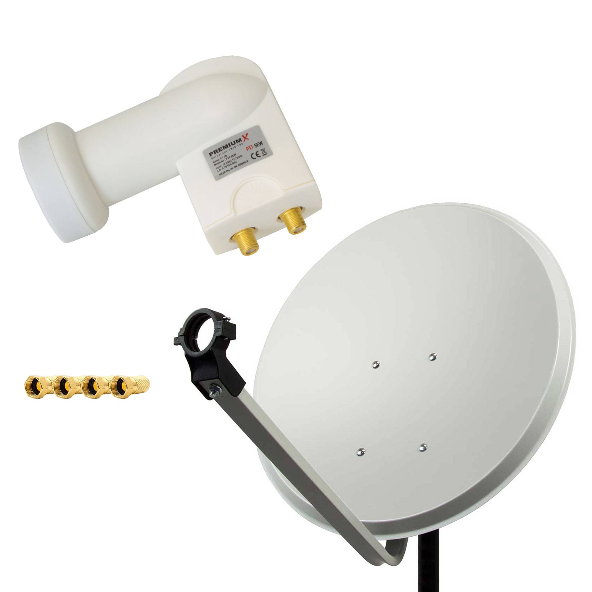 PremiumX Satelliten-Komplettanlage 60cm Satellitenschüssel SAT Antenne Hellgrau Satellitenantenne Twin LNB 4x F-Stecker 2 Teilnehmer