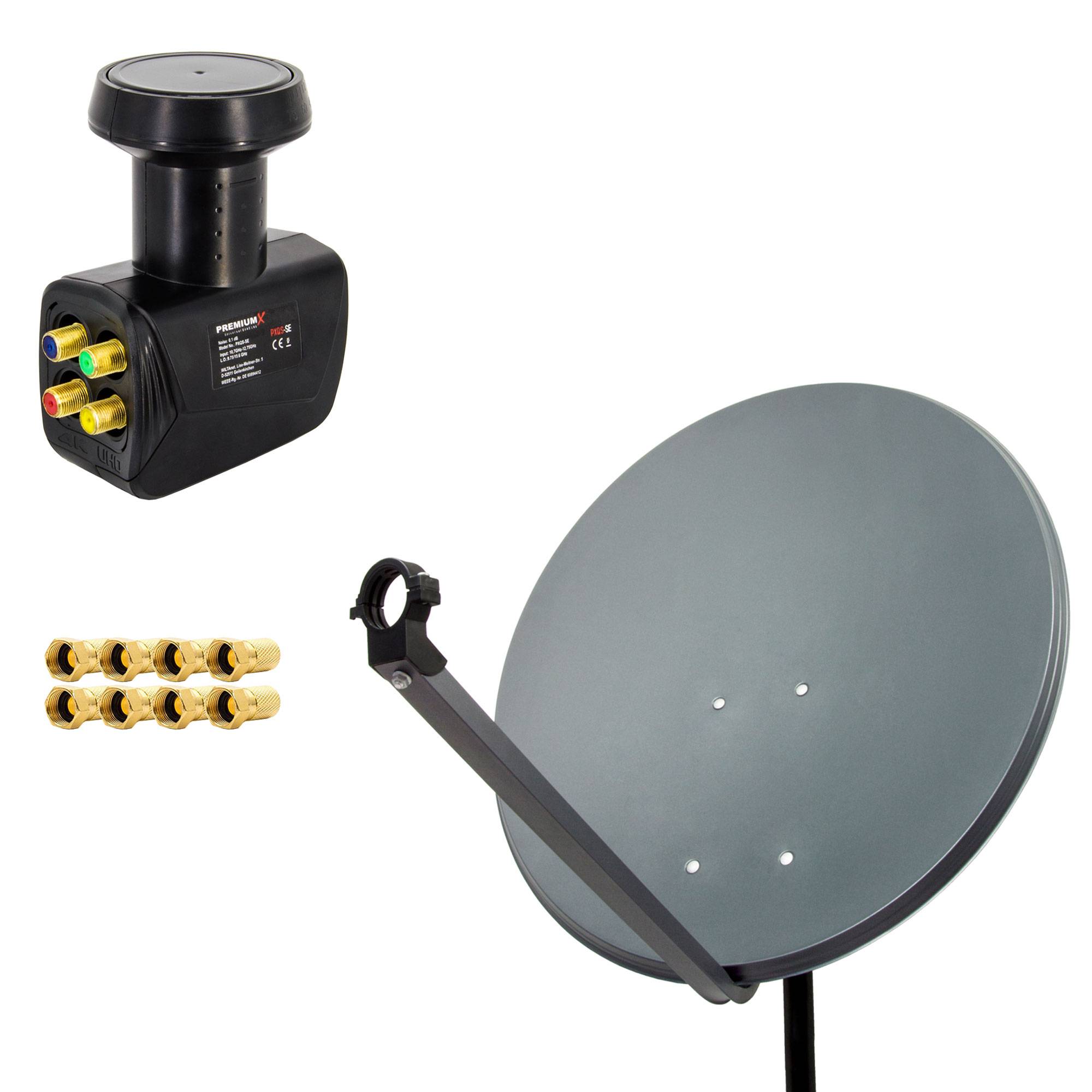 PremiumX Satelliten-Komplettanlage 60cm Satellitenschüssel Anthrazit Satellitenantenne SAT Quad LNB 8x F-Stecker 4 Teilnehmer