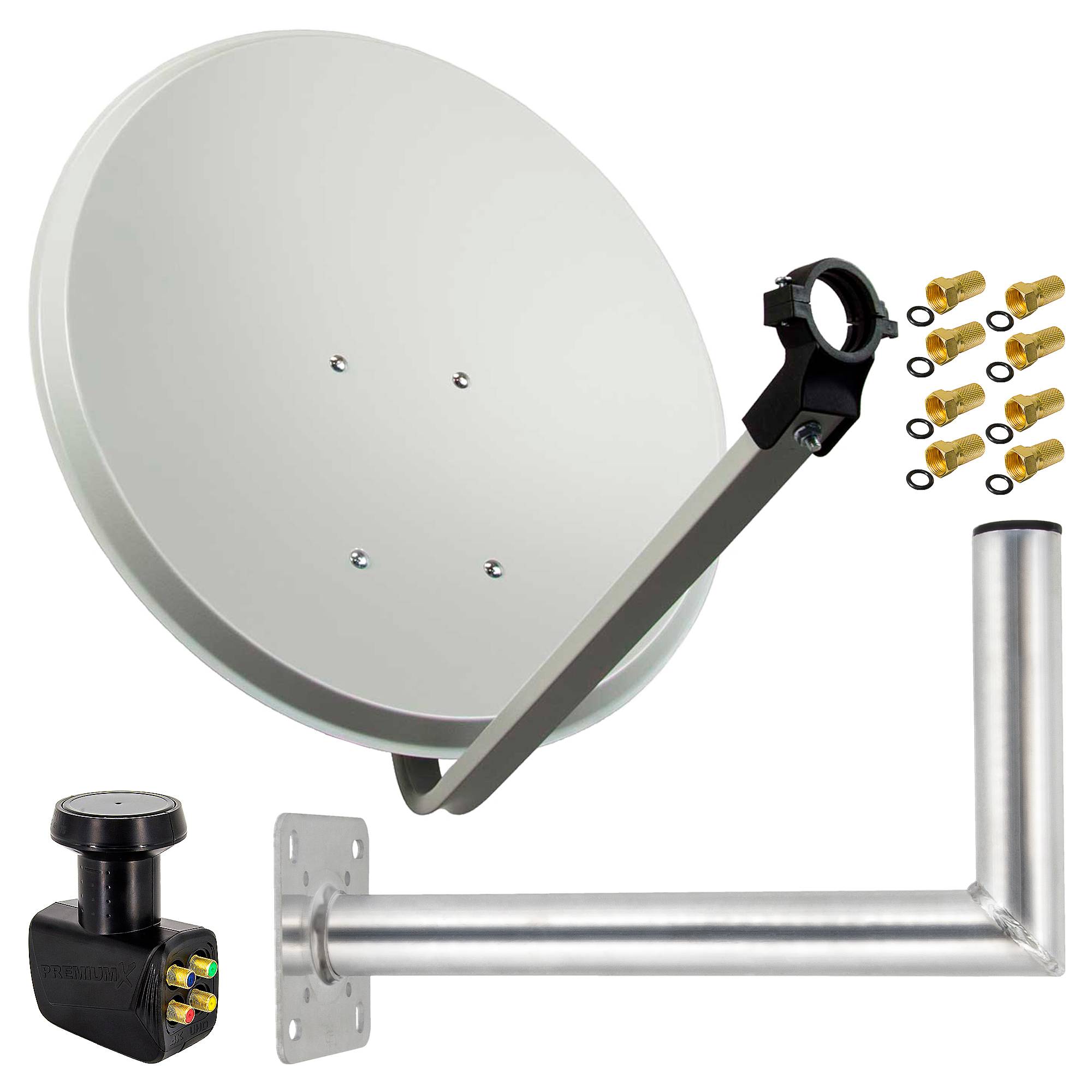 PremiumX Satelliten-Komplettanlage Satellitenschüssel 60cm Hellgrau Satellitenantenne SAT Quad LNB Wandhalter 45cm 8x F-Stecker