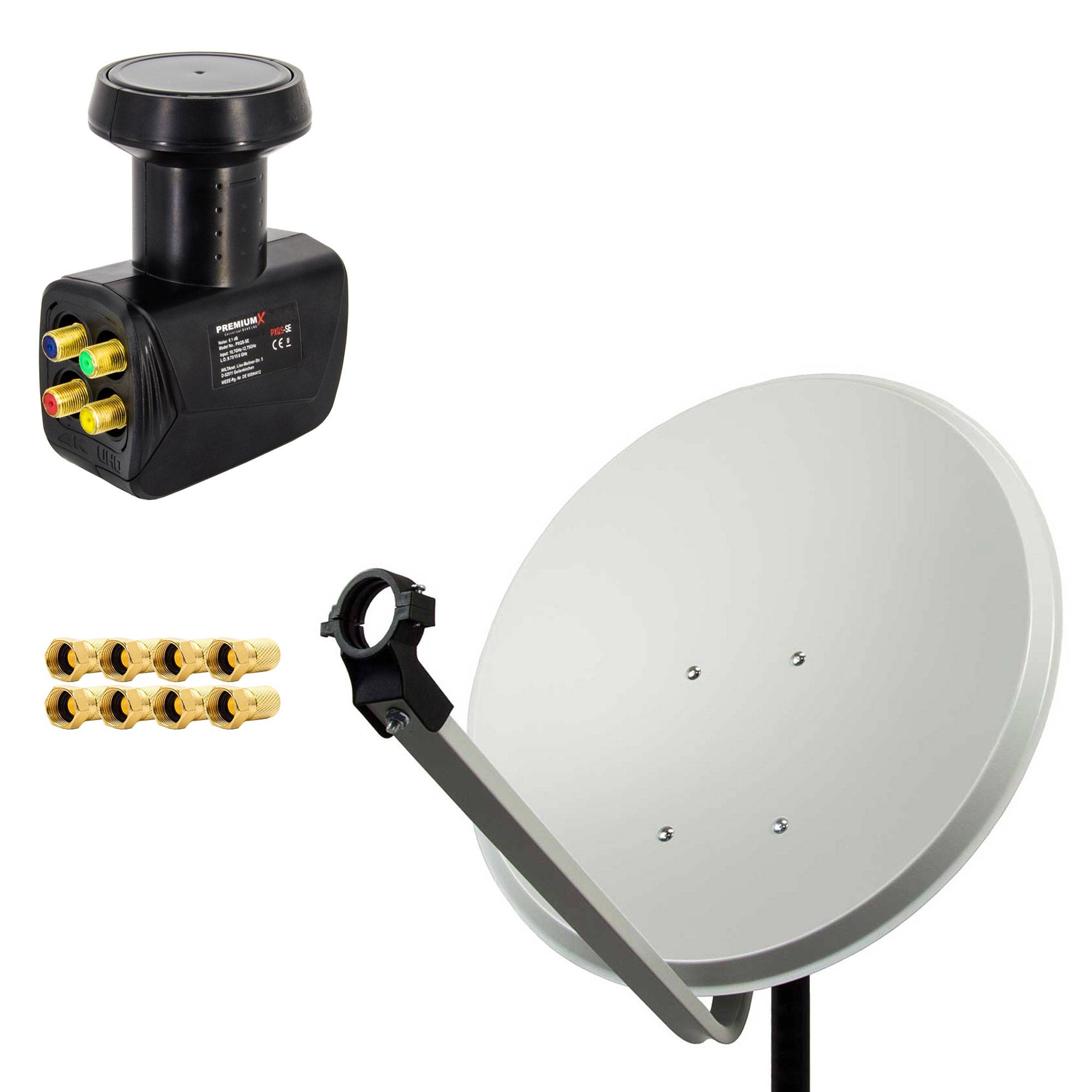 PremiumX Satelliten-Komplettanlage 60cm ALU Hellgrau Satellitenschüssel Satellitenantenne Quad LNB 8x F-Stecker SAT bis 4 Teilnehmer