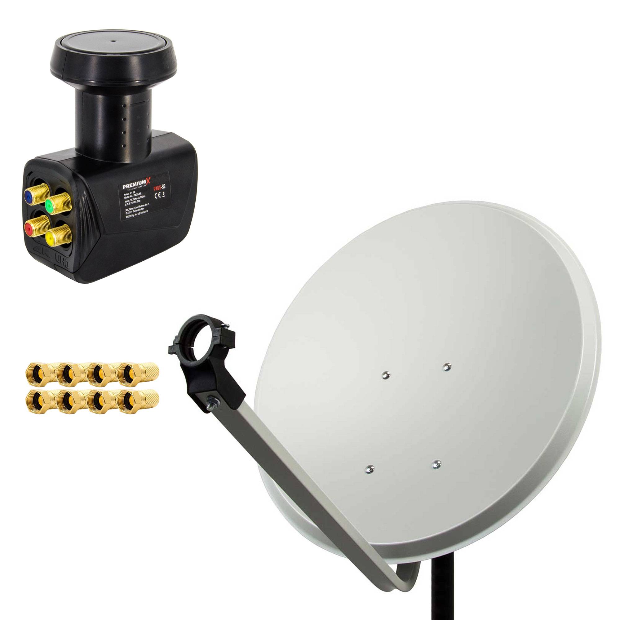 PremiumX Satelliten-Komplettanlage 80cm Satellitenschüssel Aluminium Hellgrau Satellitenantenne Quad LNB F-Stecker SAT 4 Teilnehmer