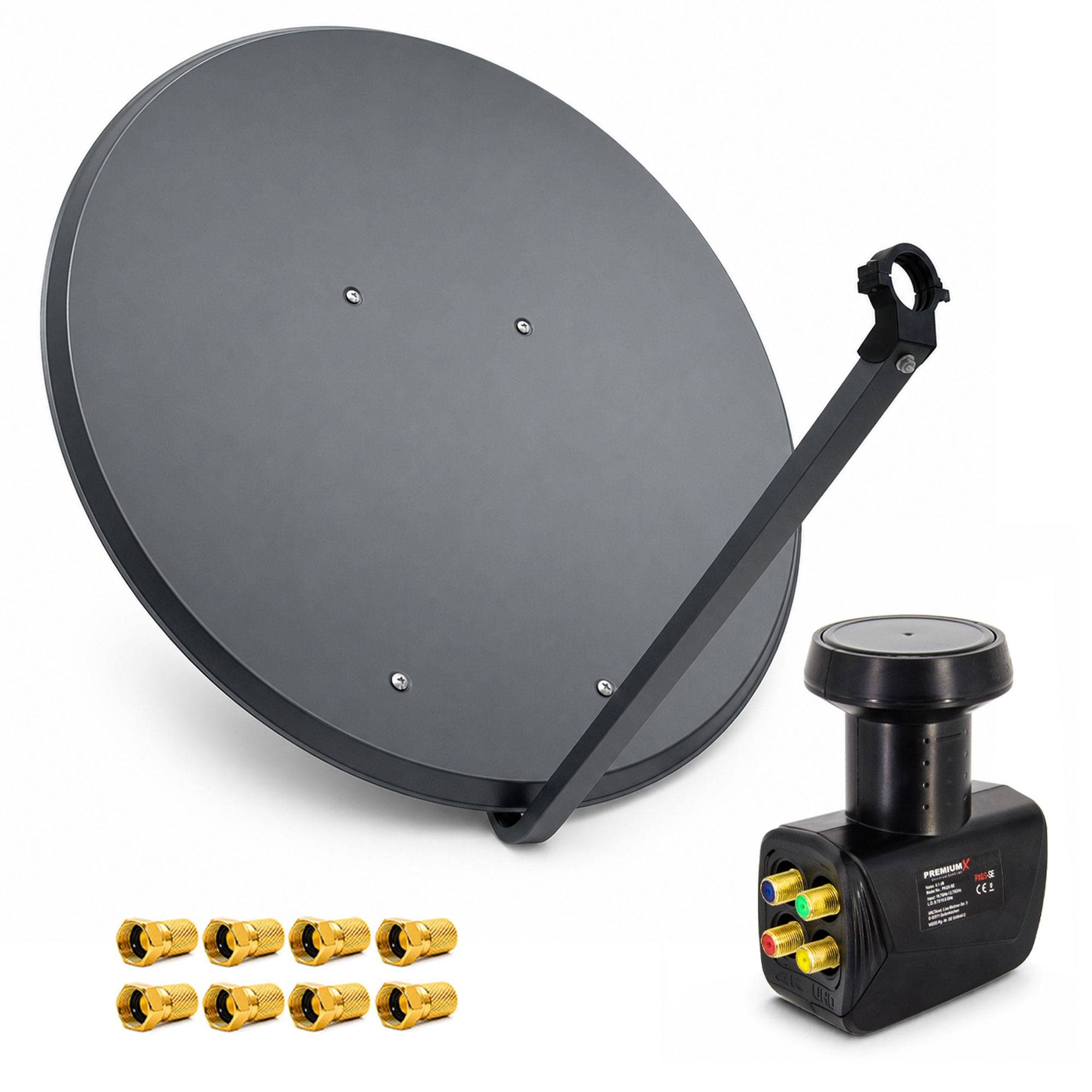 Grüssler Satellitenschüssel mit Montagarm und Empfänger-/Verbindungsgehäuse sowie acht goldene Kabelstecker auf weißem Hintergrund.