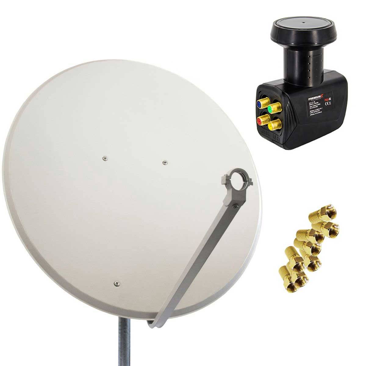 PremiumX Satelliten-Komplettanlage 100cm Satellitenschüssel Hellgrau Satellitenantenne Quad LNB F-Stecker, SAT bis 4 Teilnehmer
