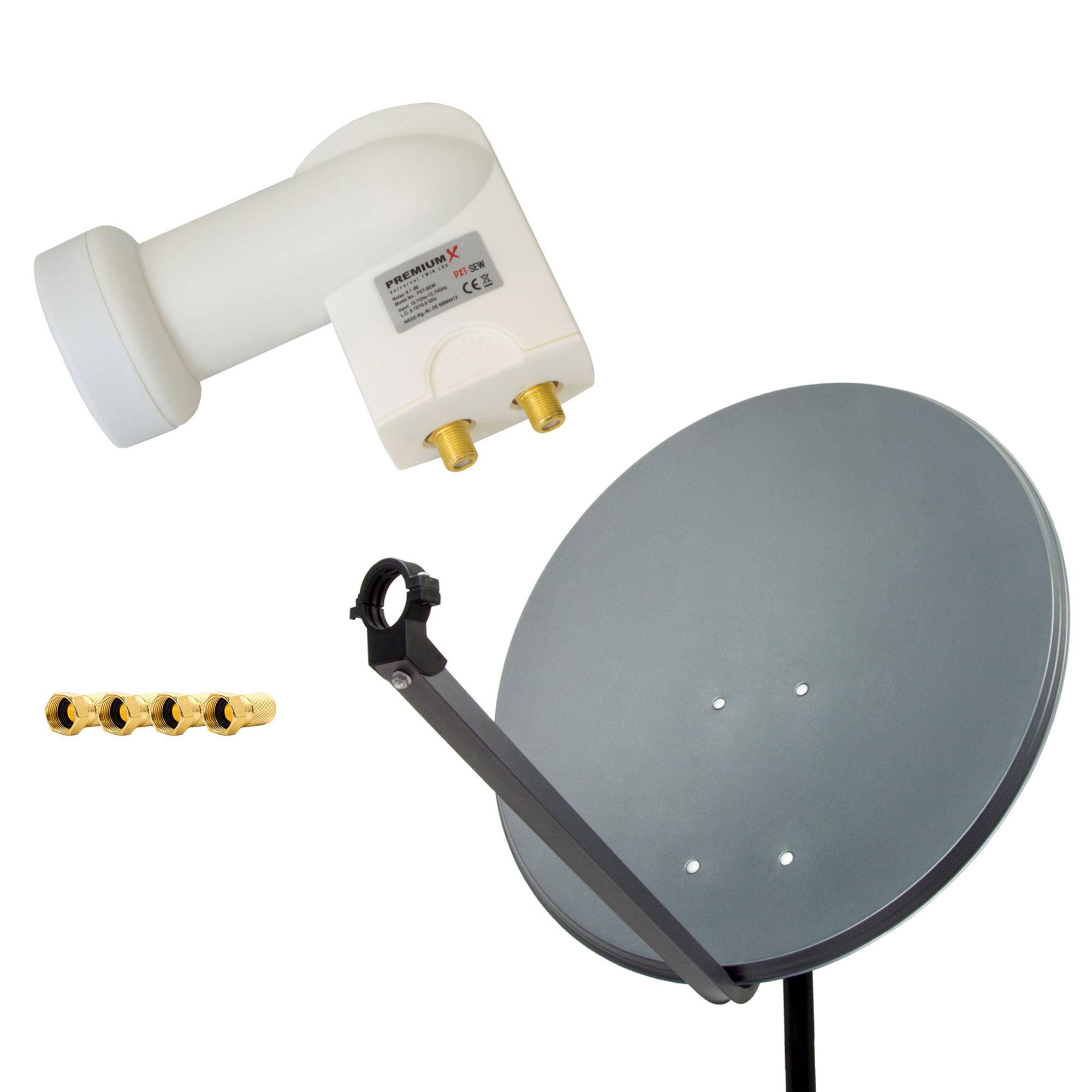 PremiumX Satelliten-Komplettanlage 60cm Satellitenschüssel SAT Antenne Anthrazit Satellitenantenne Twin LNB 4x F-Stecker 2 Teilnehmer