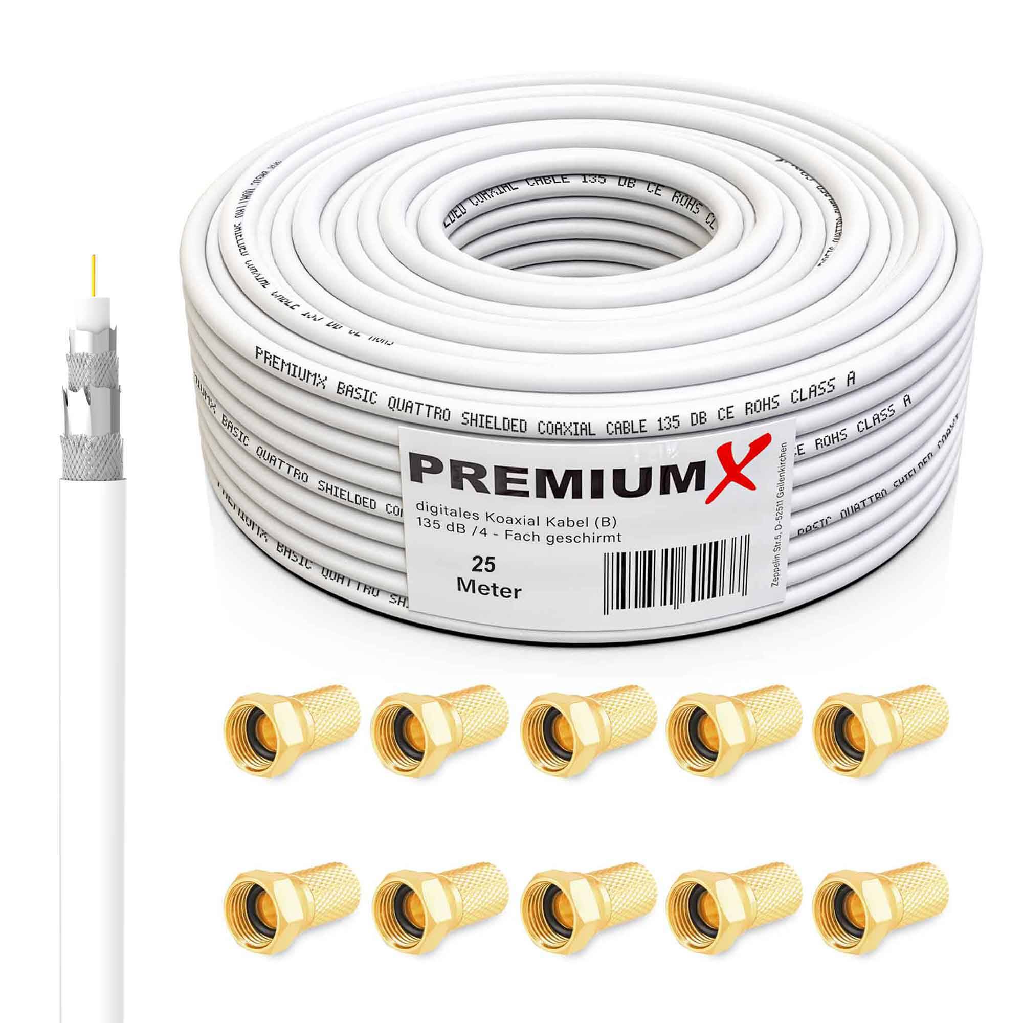 PremiumX 25m SAT Koaxial Kabel 135dB 4-fach SAT Antennenkabel Koaxialkabel Koaxkabel Satellitenkabel 4K 1080p FULL HD HDTV DVB-S/S2 DVB-C DVB-T BK