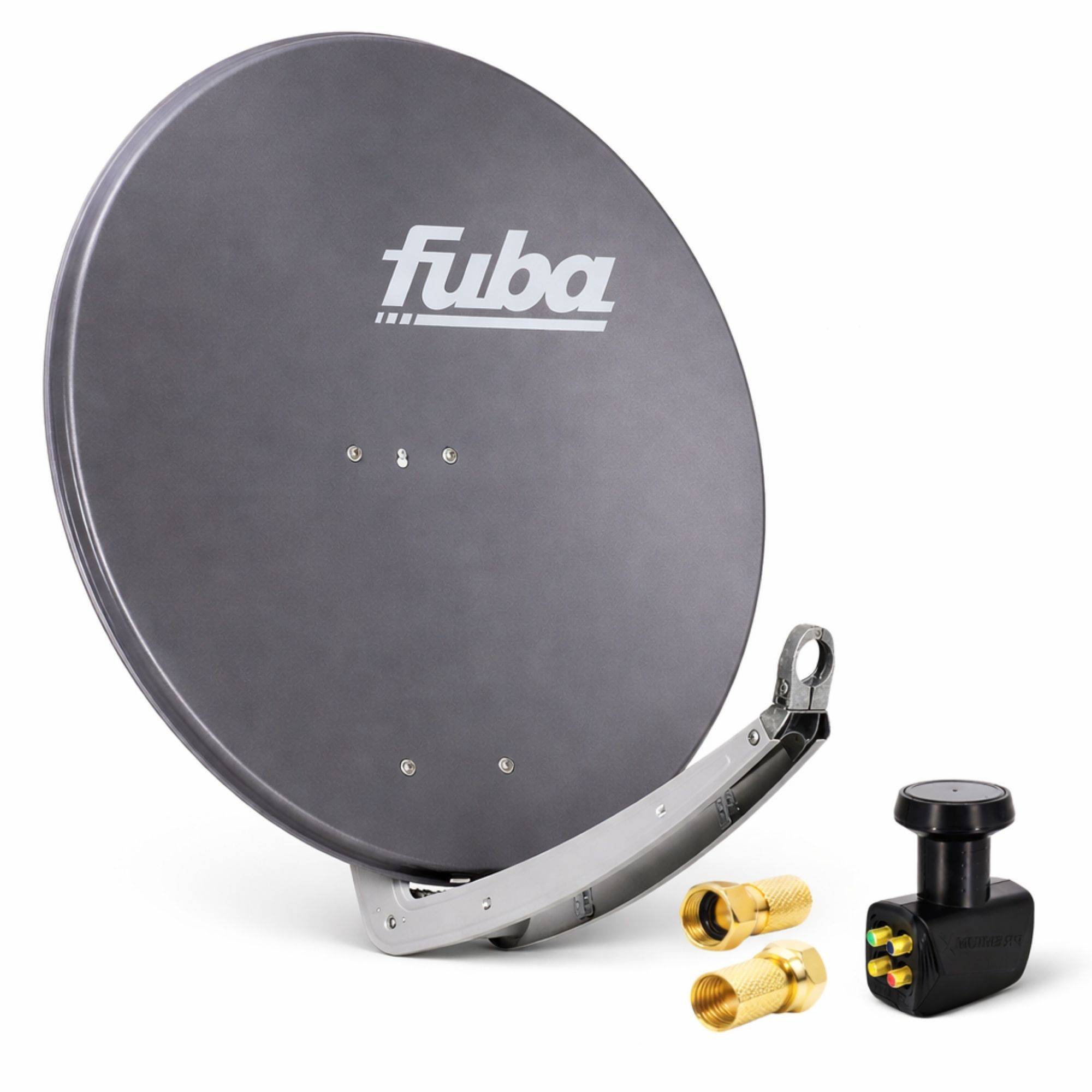 Satellitenschüssel-Set mit einer grauen Schüssel mit der Beschriftung „Fuba
