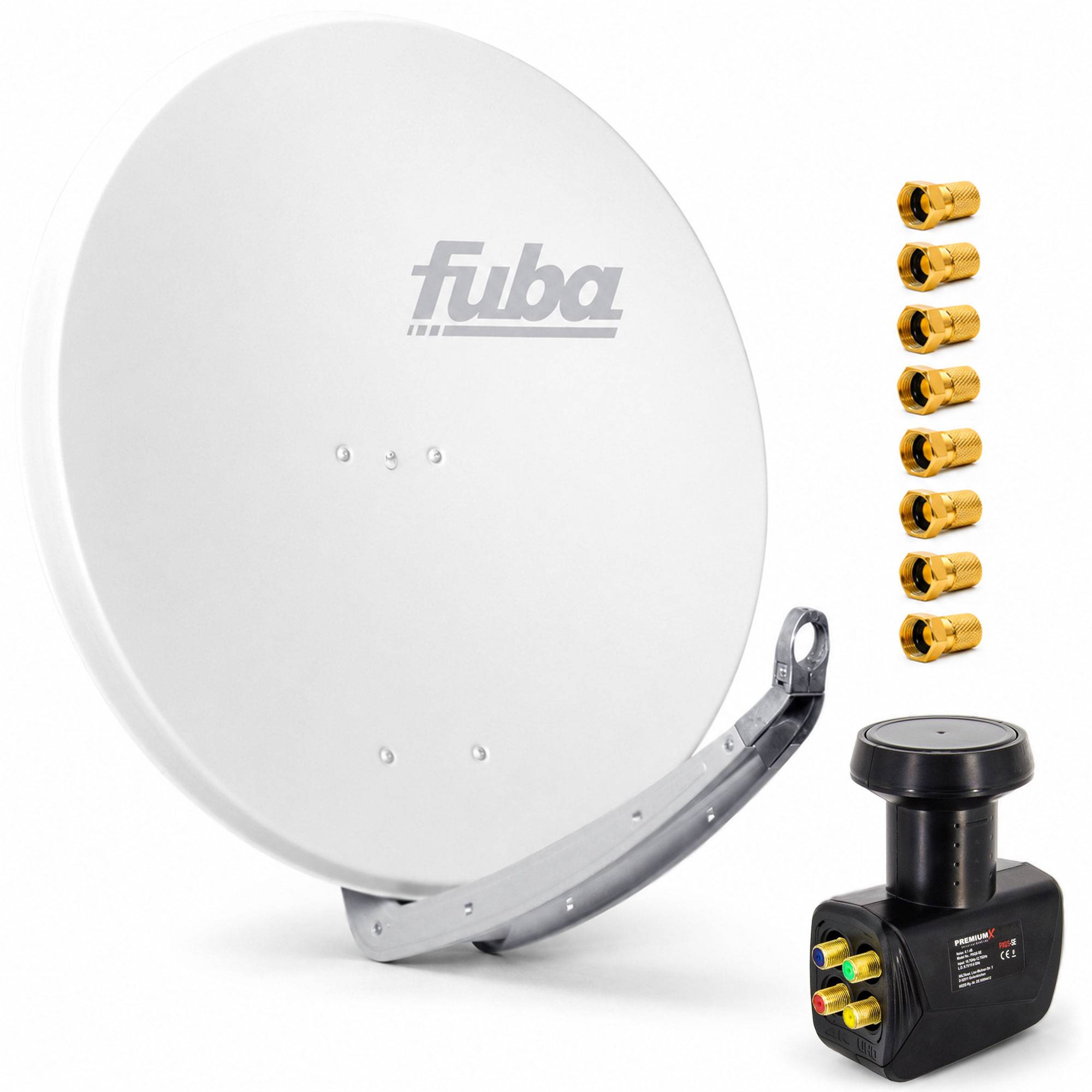 Weiße Fuba-Satellitenschüssel mit Montageklammer, sieben goldenen Steckverbindern und schwarzem LNB-Empfänger auf weißem Hintergrund.