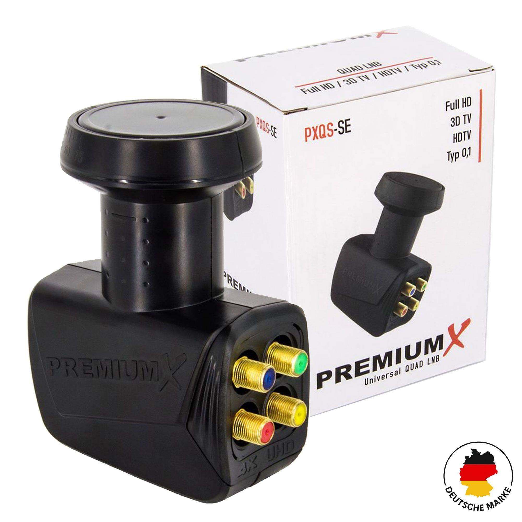 PremiumX PXQ5-SE' Universal Quad-LNB mit drei farbcodierten Ausgängen für Satellitenschüsseln, gezeigt mit seiner Verpackung.