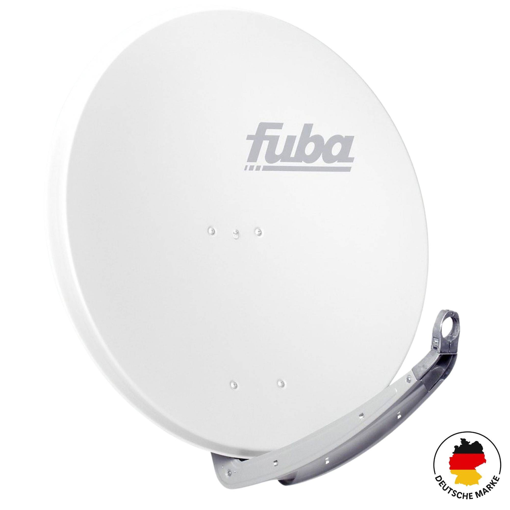 Eine weiße Satellitenantenne mit dem Logo „fuba