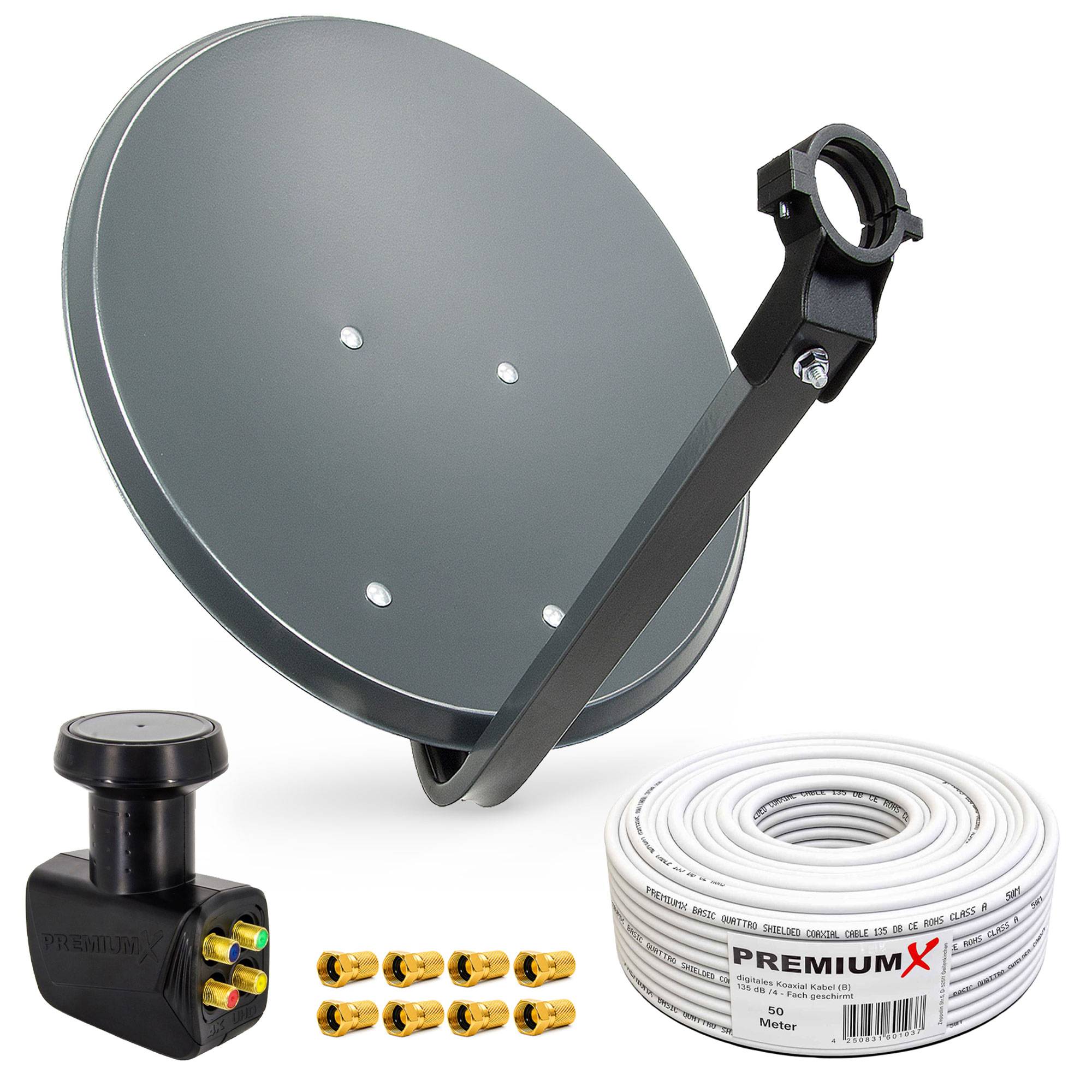 PremiumX Satelliten-Komplettanlage 80cm Satellitenschüssel Anthrazit SAT Quad LNB 50m Kabel 8x F-Stecker für 4 Teilnehmer