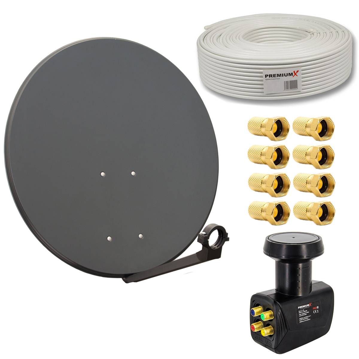 PremiumX Satelliten-Komplettanlage 80cm Satellitenschüssel Anthrazit SAT Quad LNB 50m Kabel 8x F-Stecker für 4 Teilnehmer