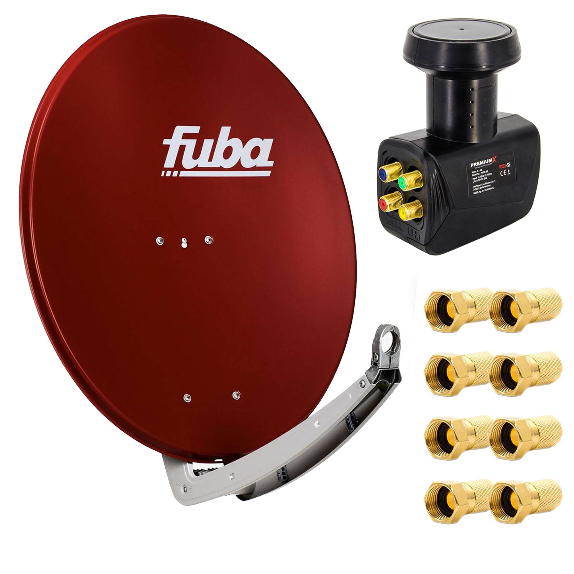Premium X Satelliten-Komplettanlage Fuba DAA 780 R Satellitenschüssel Alu Rot Quad LNB schwarz 8x F-Stecker für 4 Teilnehmer