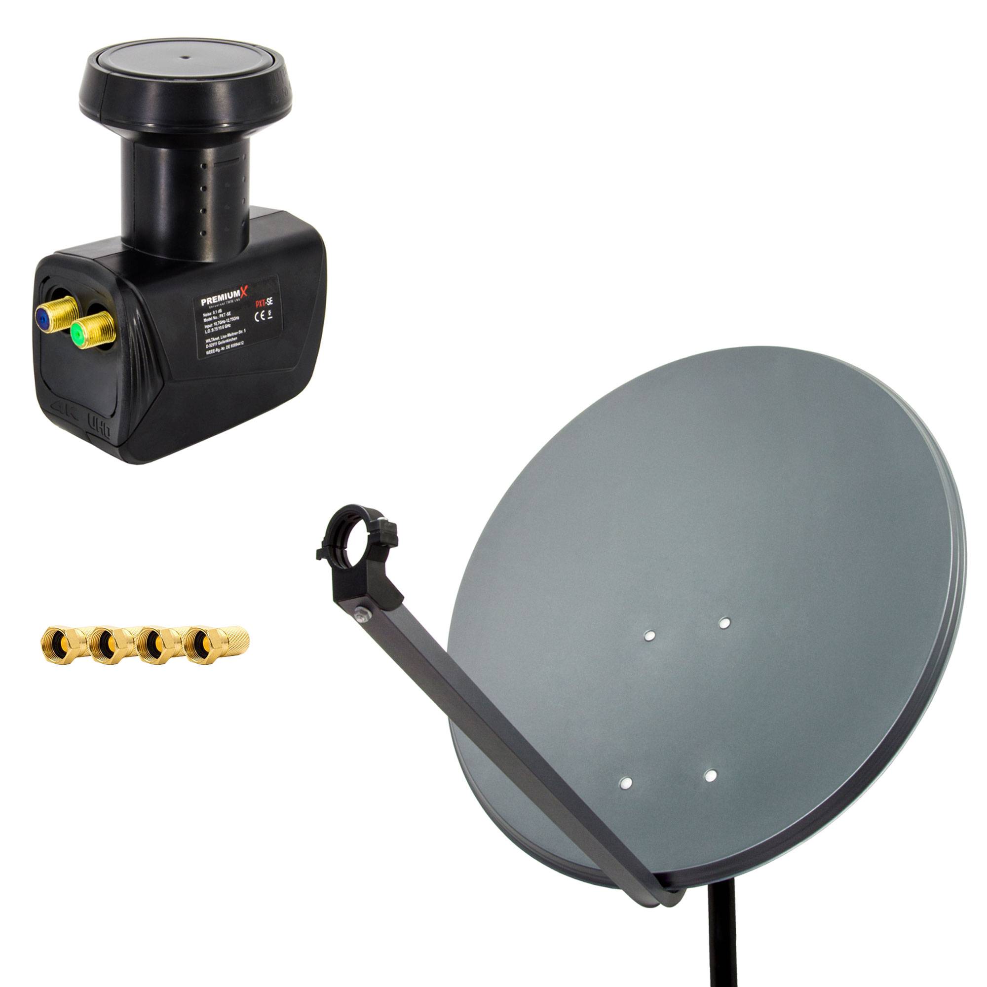PremiumX Satelliten-Komplettanlage 60cm Satellitenschüssel Stahl Anthrazit Satellitenantenne SAT Twin LNB 4x F-Stecker 2 Teilnehmer