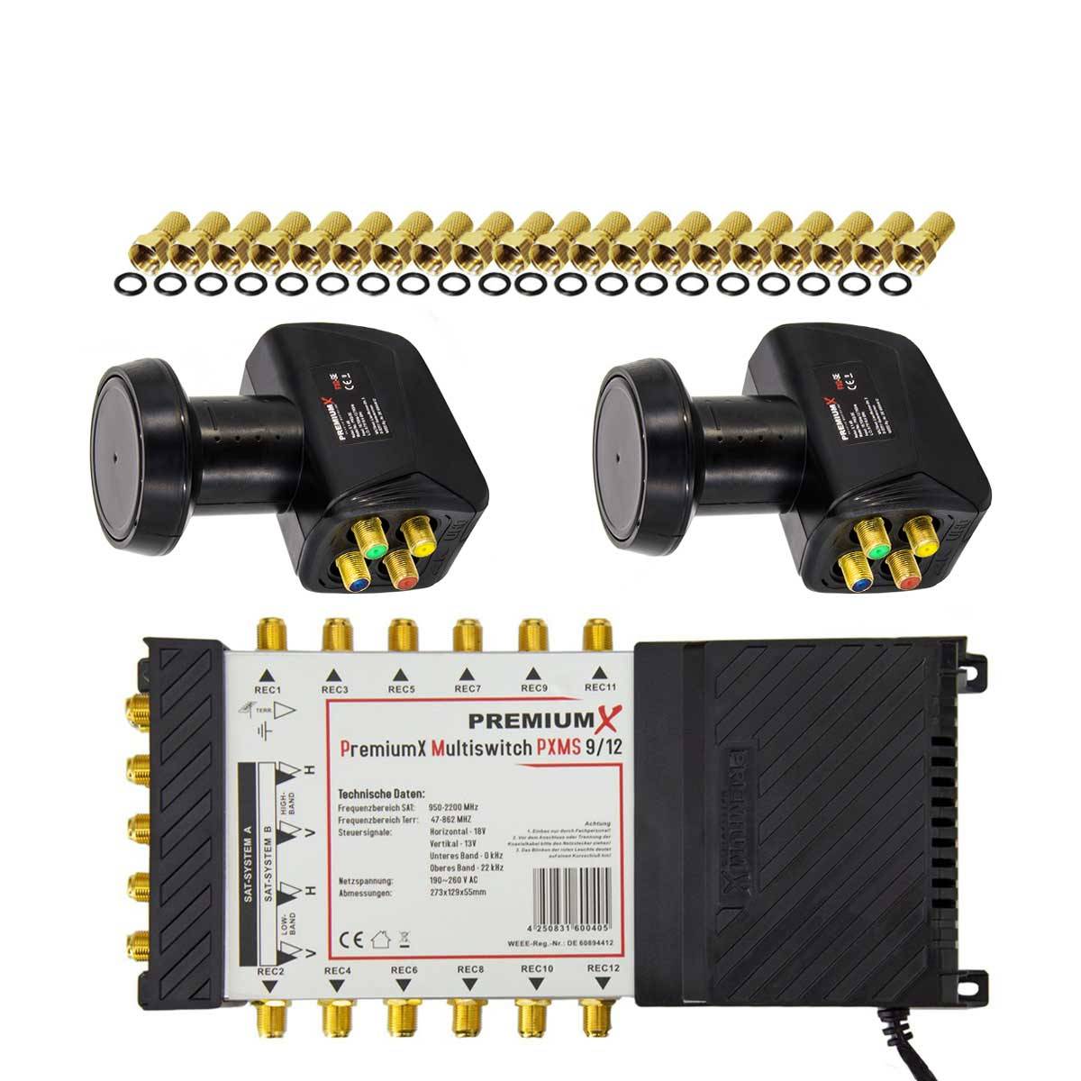 PremiumX Multischalter Set 9/12 Multiswitch 2x Quattro LNB 40x F-Stecker, Satverteiler 2 SAT für 12 Teilnehmer HDTV FullHD 4K UHD 8K