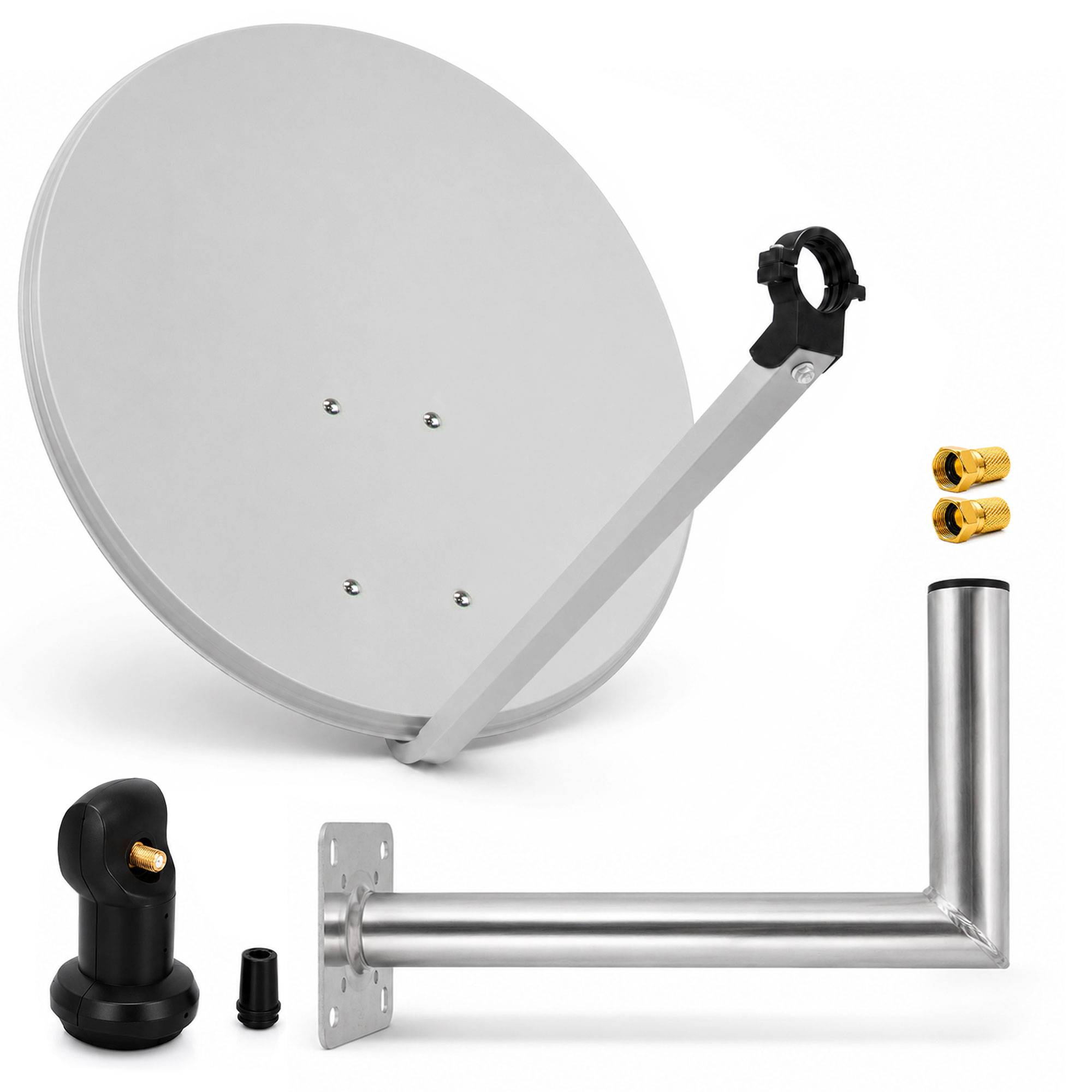 Satellitenantennensatz mit Halterungsarm, L-förmigem Mast, Halterung und Anschlüssen auf weißem Hintergrund.