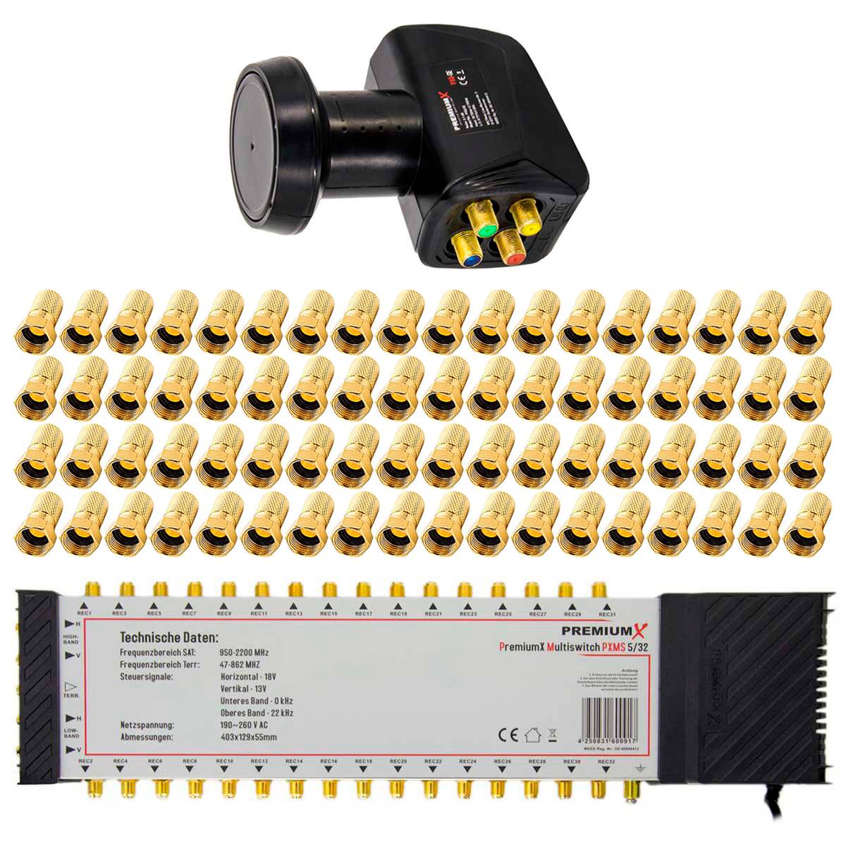 PremiumX Multischalter Set 5/32 Multiswitch Quattro LNB 72x F-Stecker, Satverteiler 1 SAT für 32 Teilnehmer HDTV FullHD 4K UHD 8K
