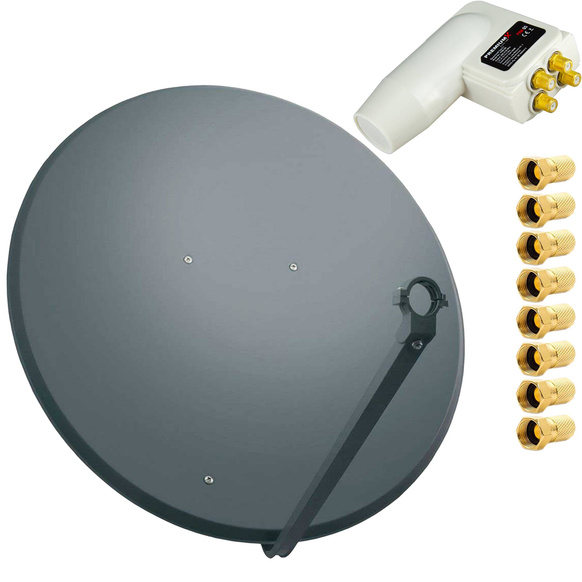 PremiumX Satelliten-Komplettanlage 100cm Satellitenschüssel Anthrazit Antenne Quad LNB F-Stecker, SAT bis 4 Teilnehmer / Receiver