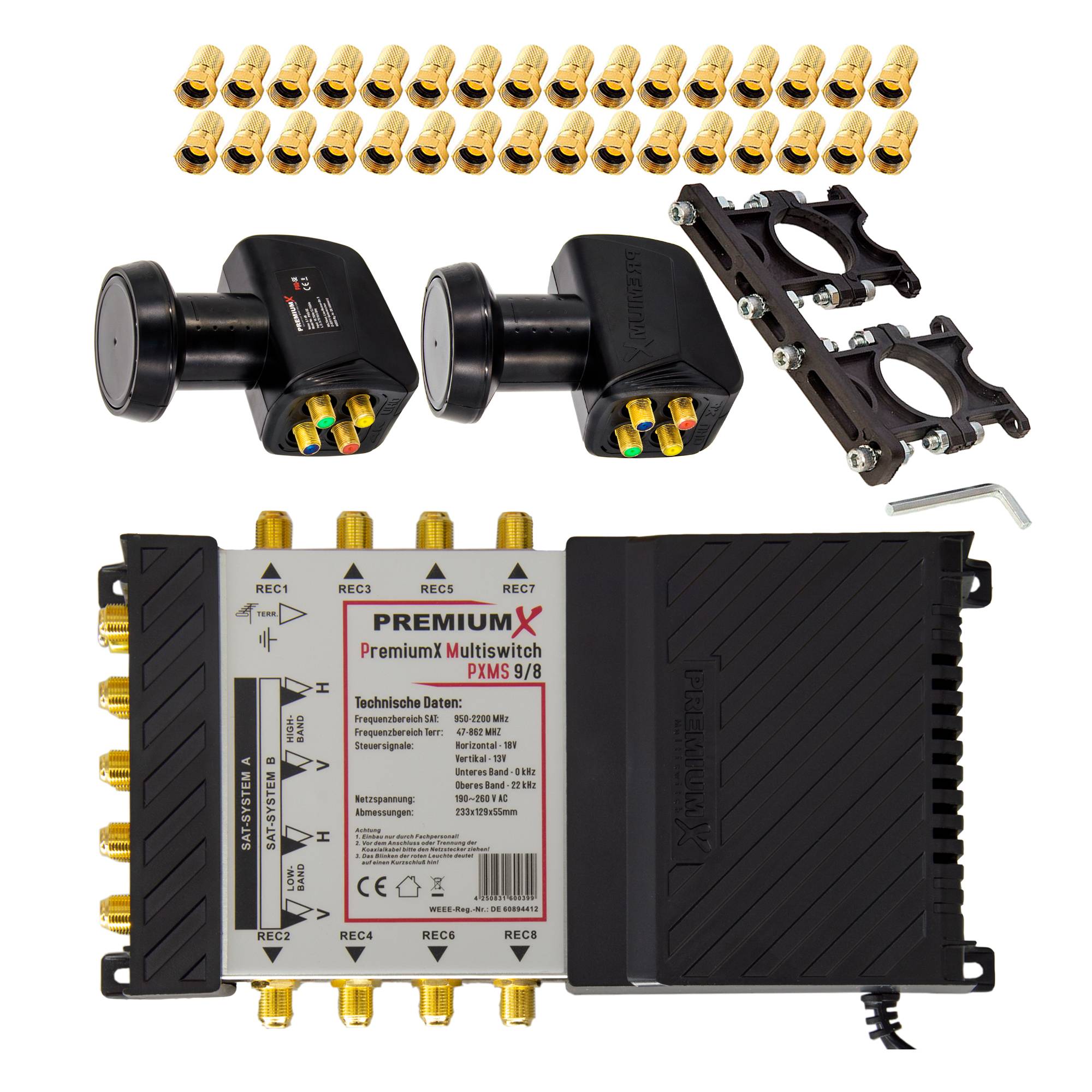 PremiumX Multischalter Set 9/8 Multiswitch 2x Quattro LNB Multifeedhalter 32x F-Stecker, Signalverteiler 2 SAT für 8 Teilnehmer