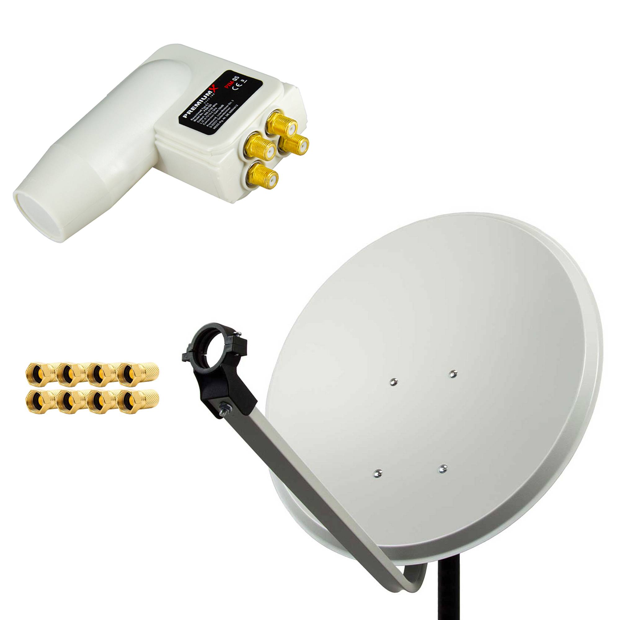 PremiumX Satelliten-Komplettanlage 80cm Satellitenschüssel Aluminium Quad LNB 8x F-Stecker, SAT bis 4 Teilnehmer