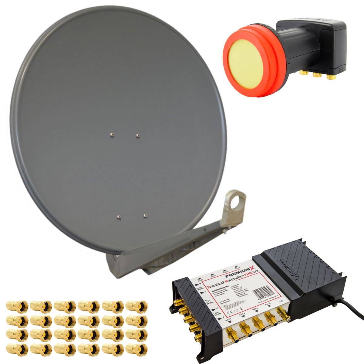 PremiumX Deluxe SAT Anlage 85cm Antenne Aluminium Anthrazit Satellitenschüssel Quattro LNB 5/8 Multischalter für 8 Teilnehmer