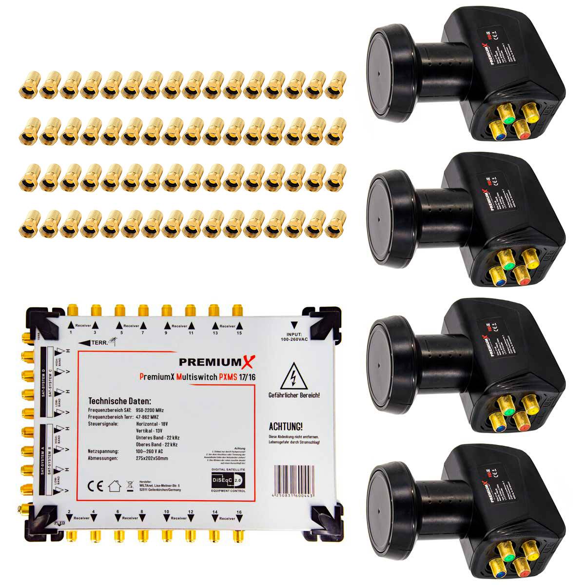 PremiumX Multischalter Set 17/16 Multiswitch 4x Quattro LNB 64x F-Stecker, Satverteiler 4 SAT für 16 Teilnehmer HDTV FullHD 4K UHD 8K