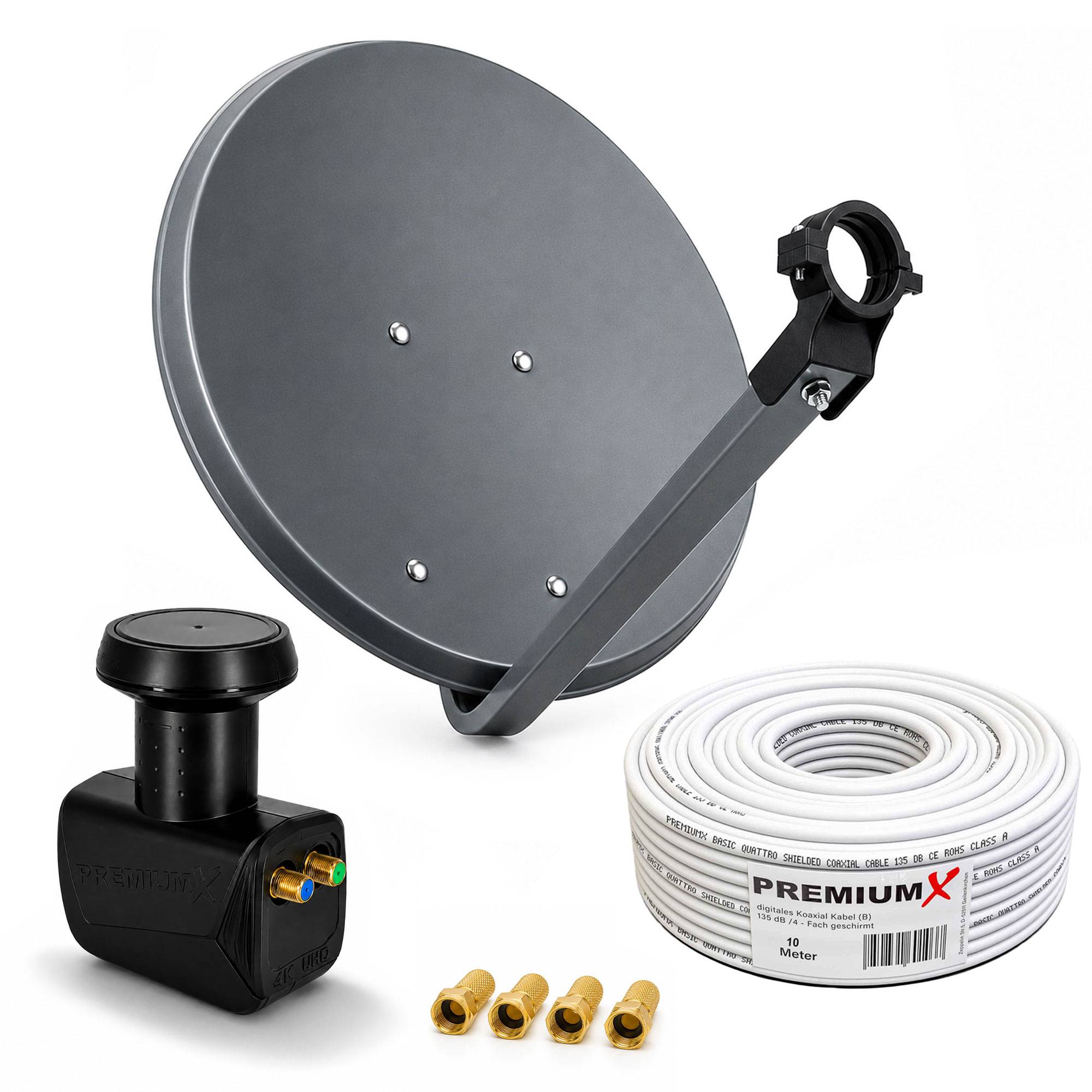 Satellitenantennensatz mit Montagarm, Außenempfänger/LNB, Koaxialkabelrolle und vier Anschlüssen auf weißem Hintergrund.