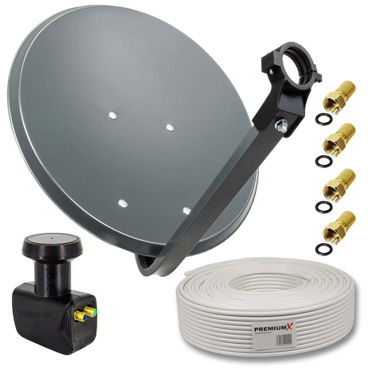 PremiumX Satelliten-Komplettanlage 45cm SAT Antenne SAT Schüssel Twin LNB 10m Koaxialkabel 4x F-Stecker 2 Teilnehmer