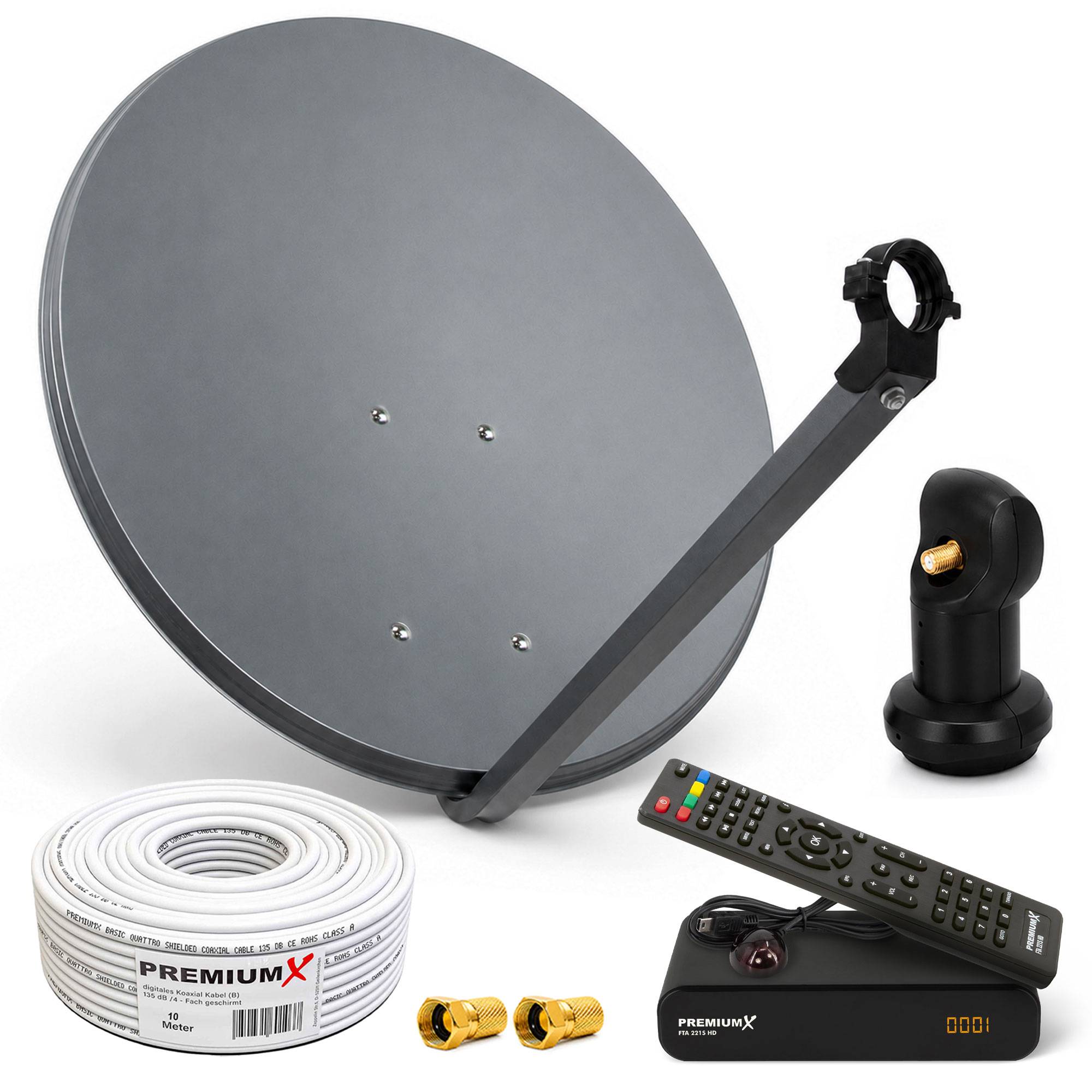Sat-TV-Schüssel-Set mit Montageart, Koaxialkabel, Fernbedienung, Receiver-Box und Anschlüssen auf weißem Hintergrund.