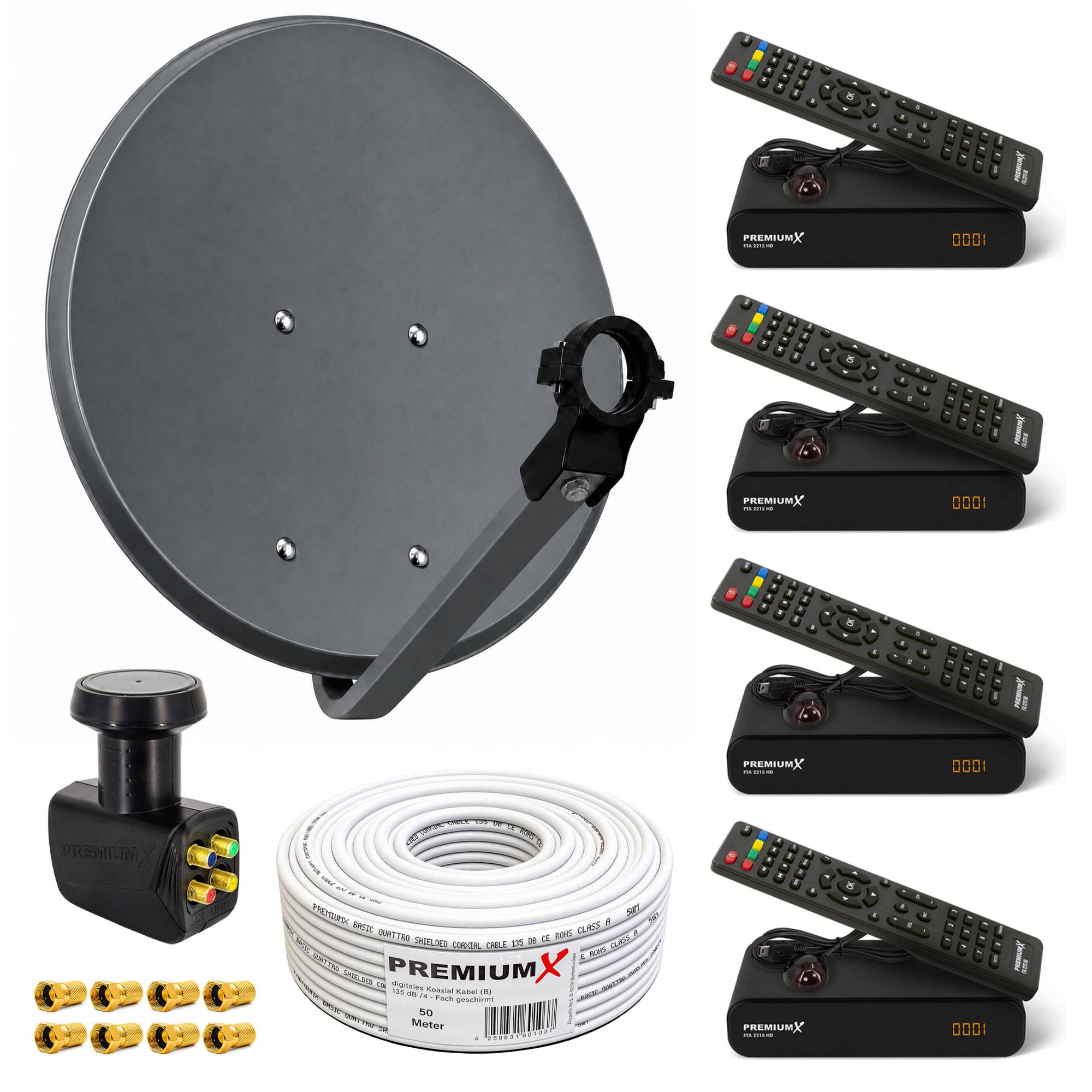 Satellitenfernsehen-Set mit einer grauen Schüssel, vier Set-Top-Boxen mit Fernbedienungen, eine Rolle Koaxialkabel, einen LNB und sechs Steckern.