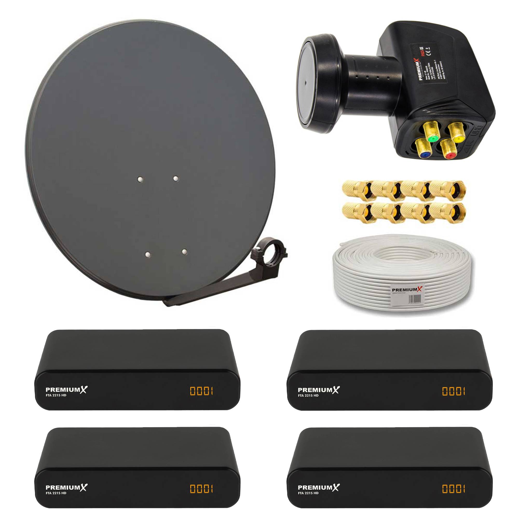Premium X Satelliten-Komplettanlage 4 Teilnehmer 60cm Antenne Anthrazit SAT Quad LNB 50m Antennenkabel 4x HD TV Sat-Receiver