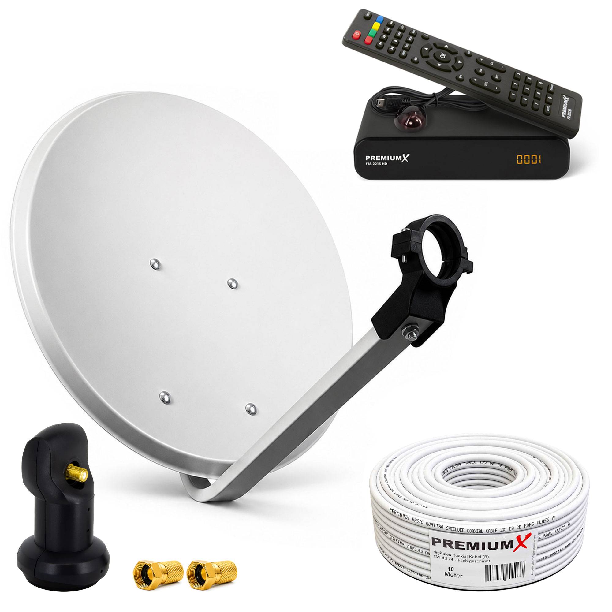 Satellitenfernsehen-Set mit Schüssel, Receiver, Fernbedienung, LNB, Steckverbindern und Koaxialkabel auf weißem Hintergrund