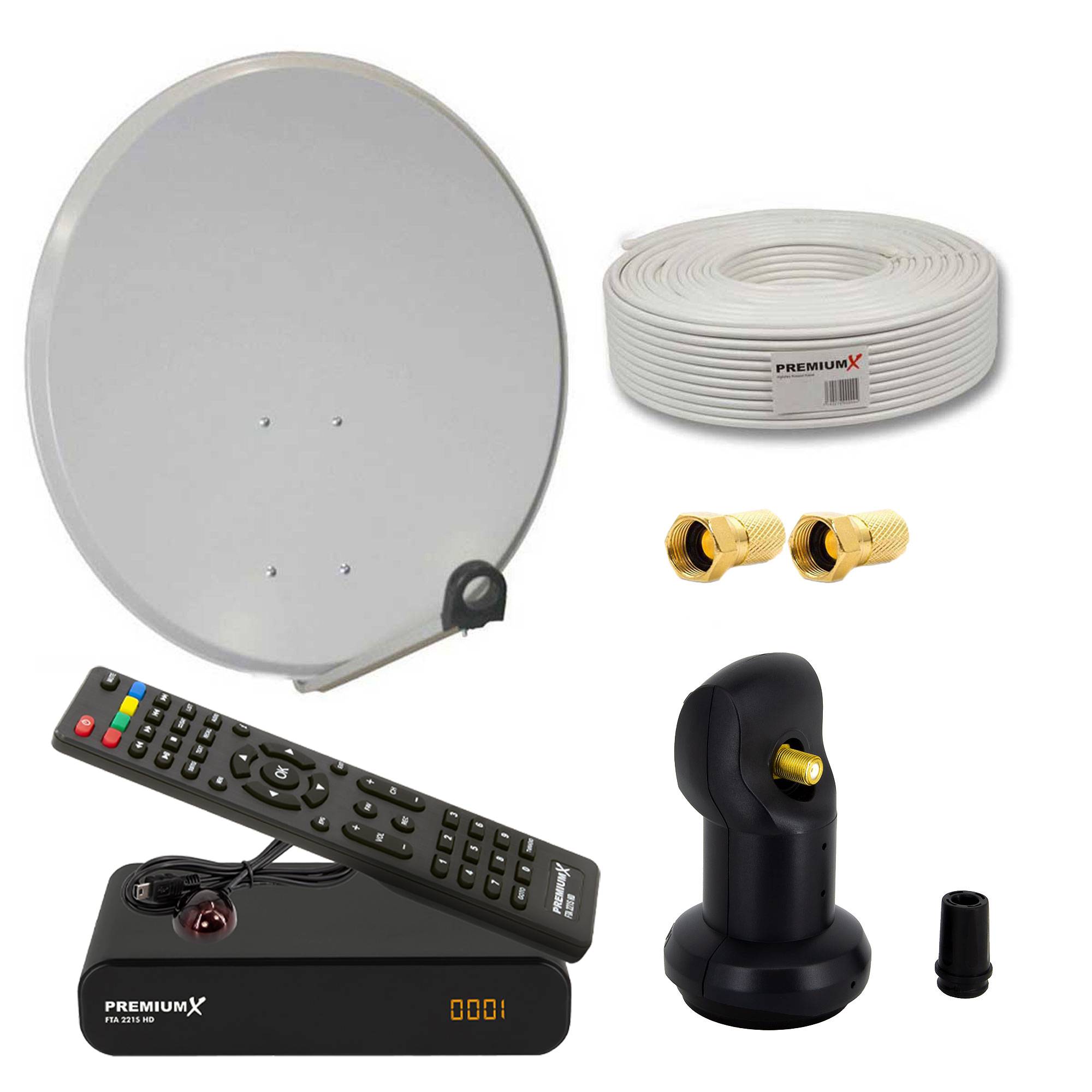 PremiumX Satelliten-Komplettanlage 60cm Satellitenschüssel Single LNB 10m Antennen-Kabel FullHD TV SAT Receiver HDMI-Kabel