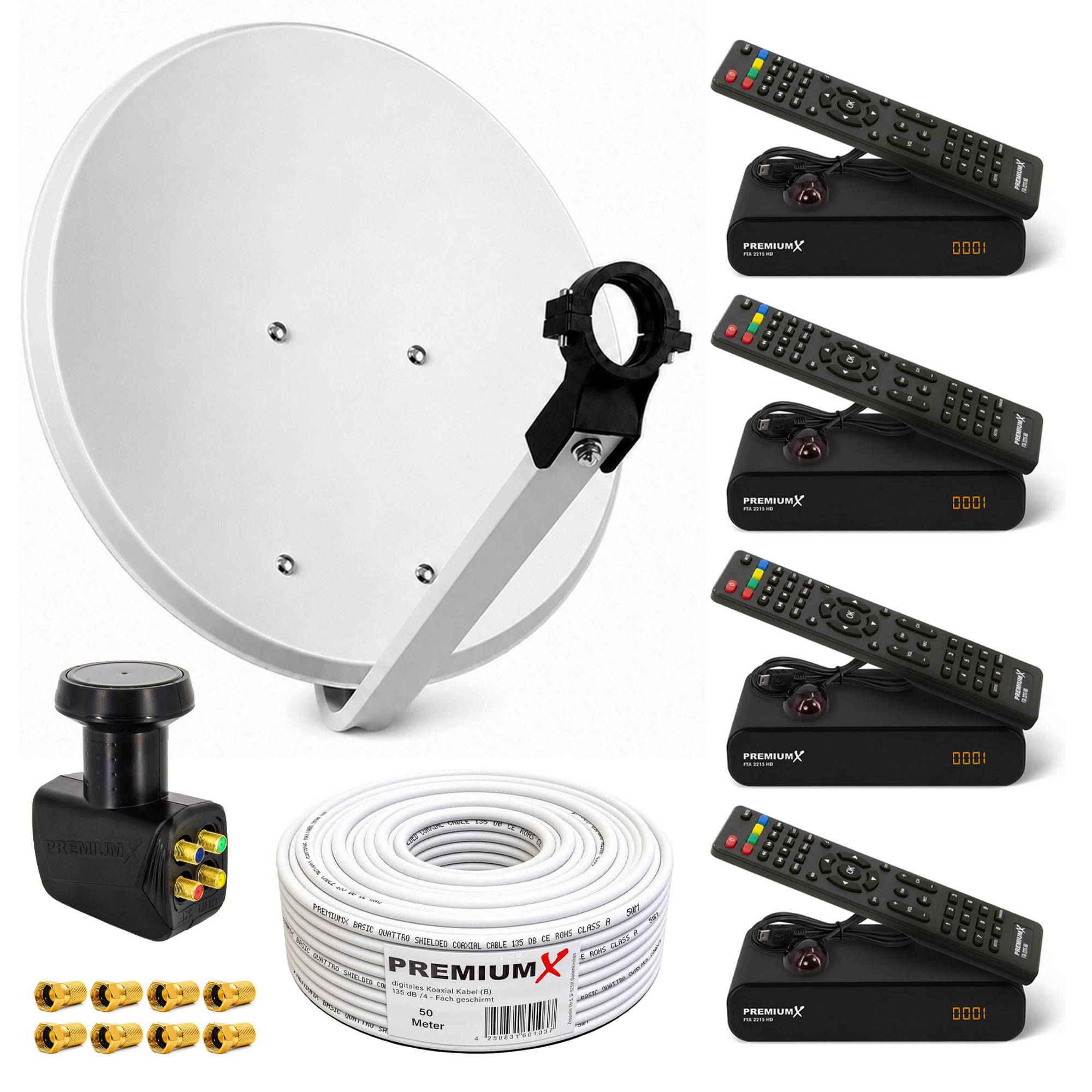 Satellitenantenne mit Montagehalterung, Koaxialkabel, LNB, Steckverbindern und vier Set-Top-Boxen mit Fernbedienungen