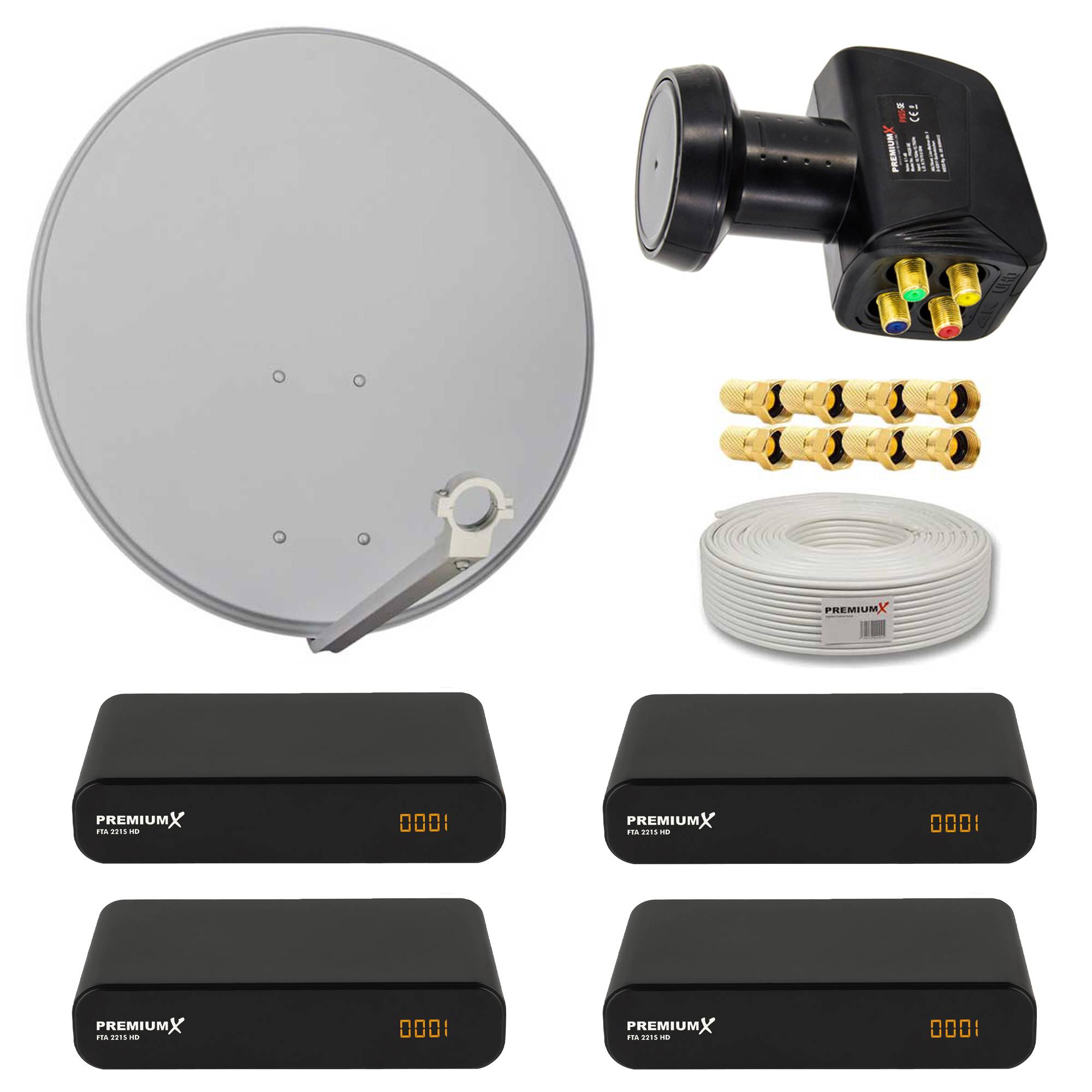 PremiumX Satelliten-Komplettanlage 4 Teilnehmer 60cm Antenne Hellgrau Quad LNB 50m Kabel 4x HD TV SAT-Receiver HDMI-Kabel