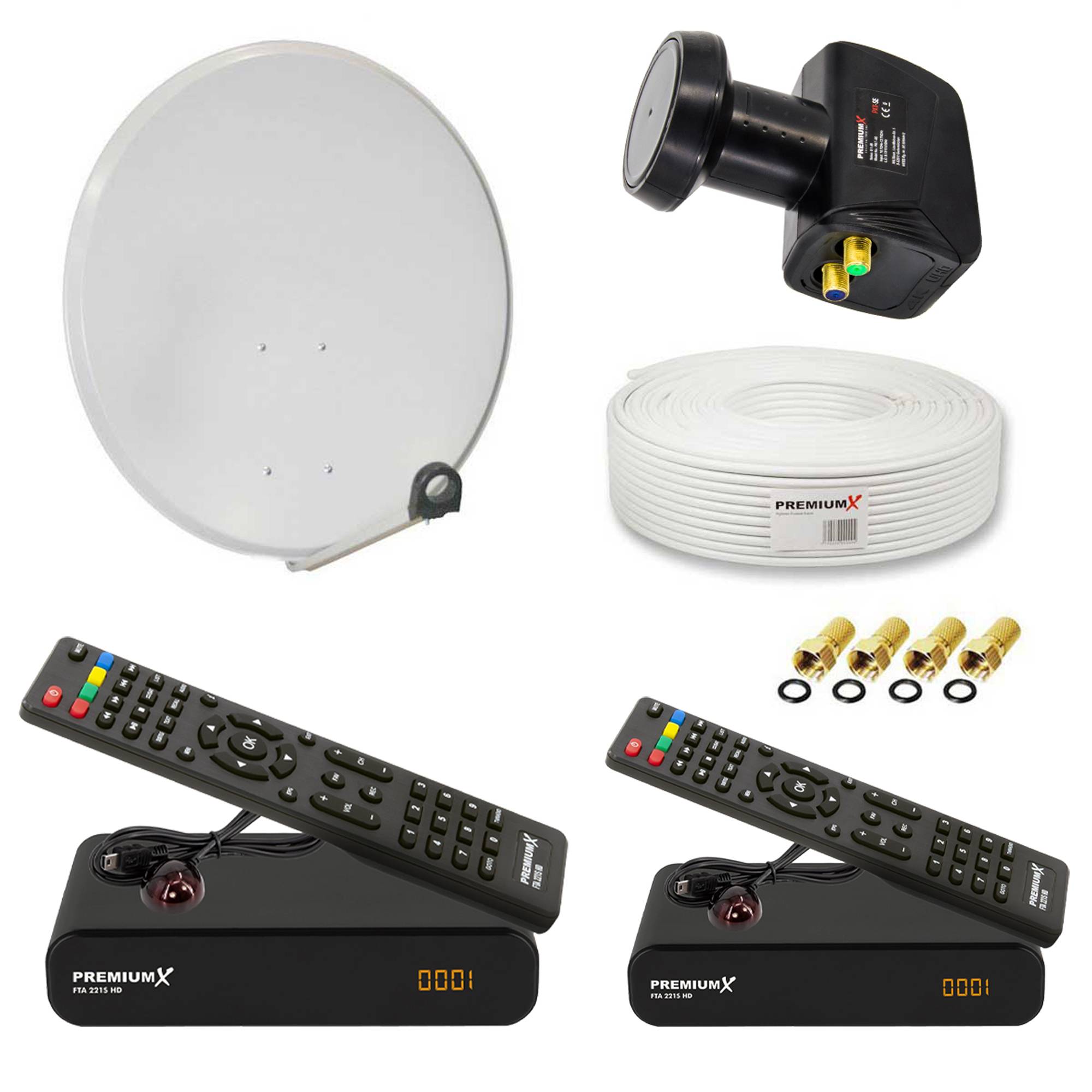 PremiumX Satelliten-Komplettanlage für 2 Teilnehmer 60cm Satellitenschüssel Twin LNB 25m Antennenkabel 2x TV Sat-Receiver FullHD