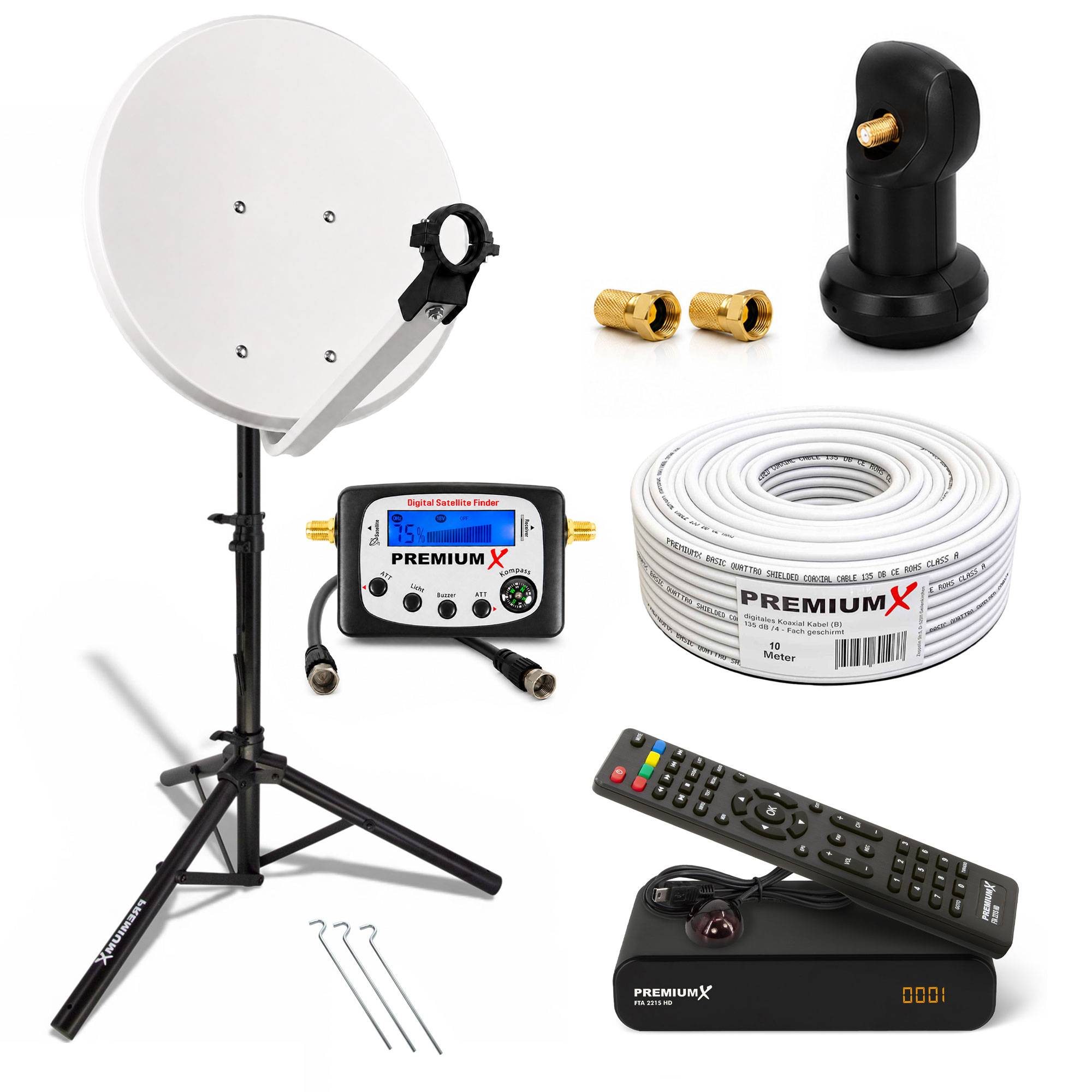 Satellitenfernsehen-Starterset mit Schüssel auf Stativ, Signalsucher, Koaxialkabel, LNB, Steckverbindern, Fernbedienung, Receiver und Montagewerkzeugen.