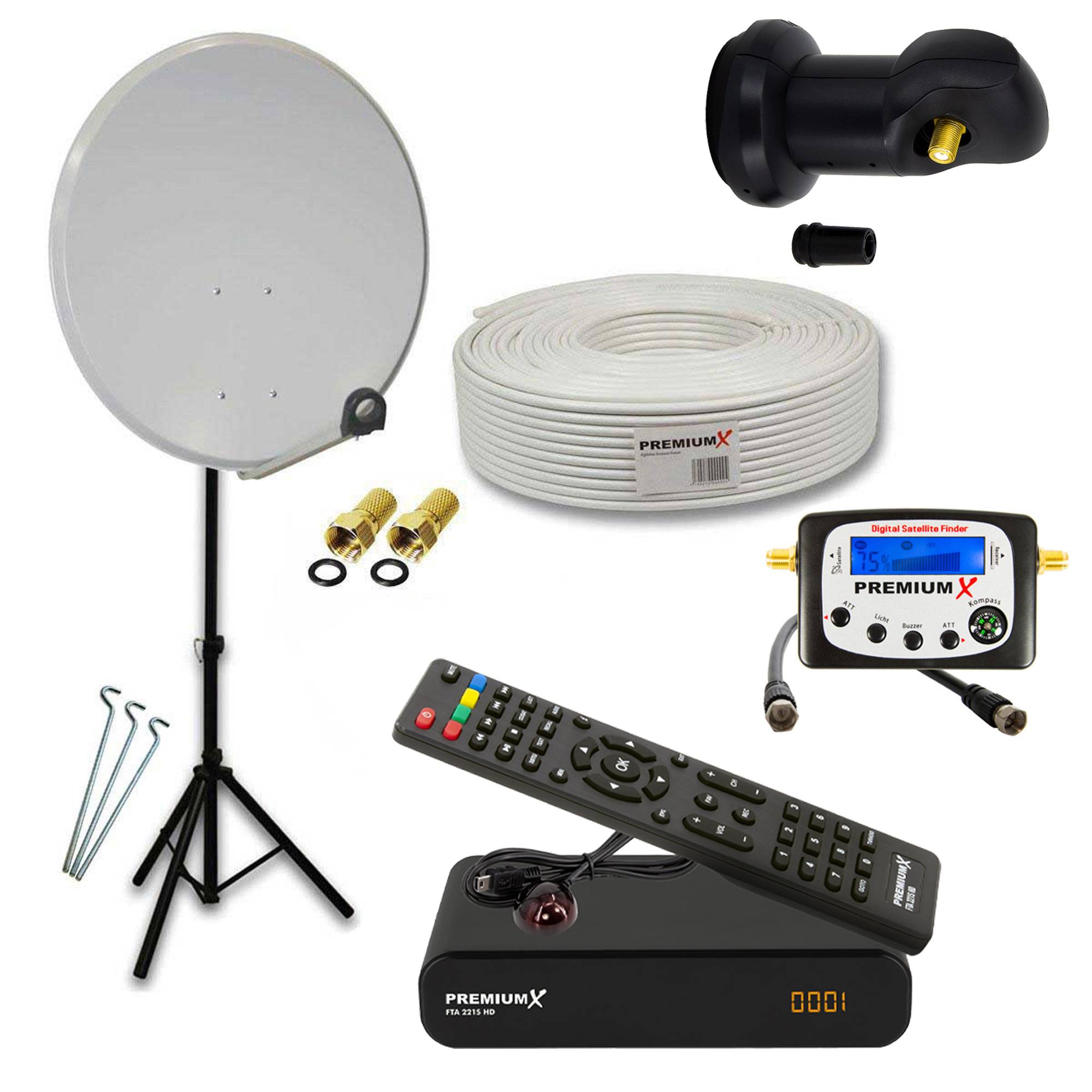 PremiumX Camping Komplett HD SAT Anlage 45cm Satelliten-Schüssel Single LNB Kabel Dreibein Stativ TV Receiver Sat-TV-Signalfinder