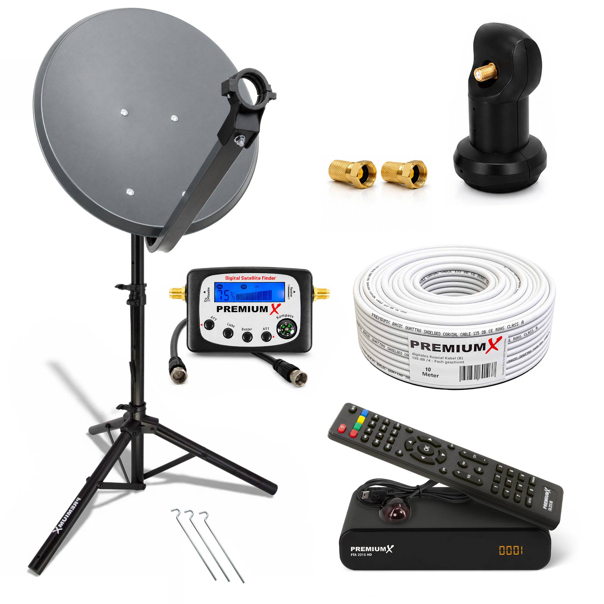 Satellitenfernsehen-Set mit Schüssel auf Stativ, digitaler Signalsucher, LNB, Koaxialkabel, Stecker, Erdungspflöcke und ferngesteuertem Empfänger