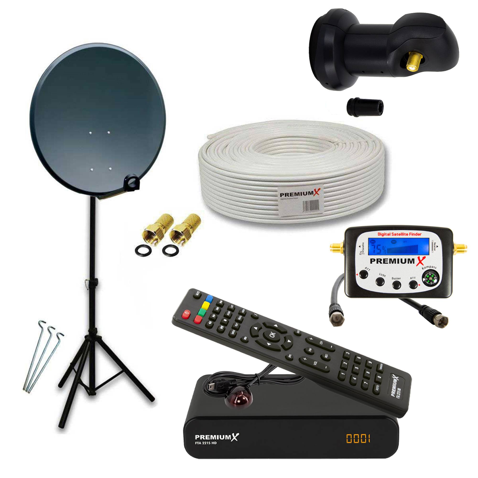 PremiumX Camping mobile Satelliten-Komplettanlage 45cm Antenne Single LNB TV Kabel Dreibein-Stativ HD Receiver Sat-TV-Signalfinder
