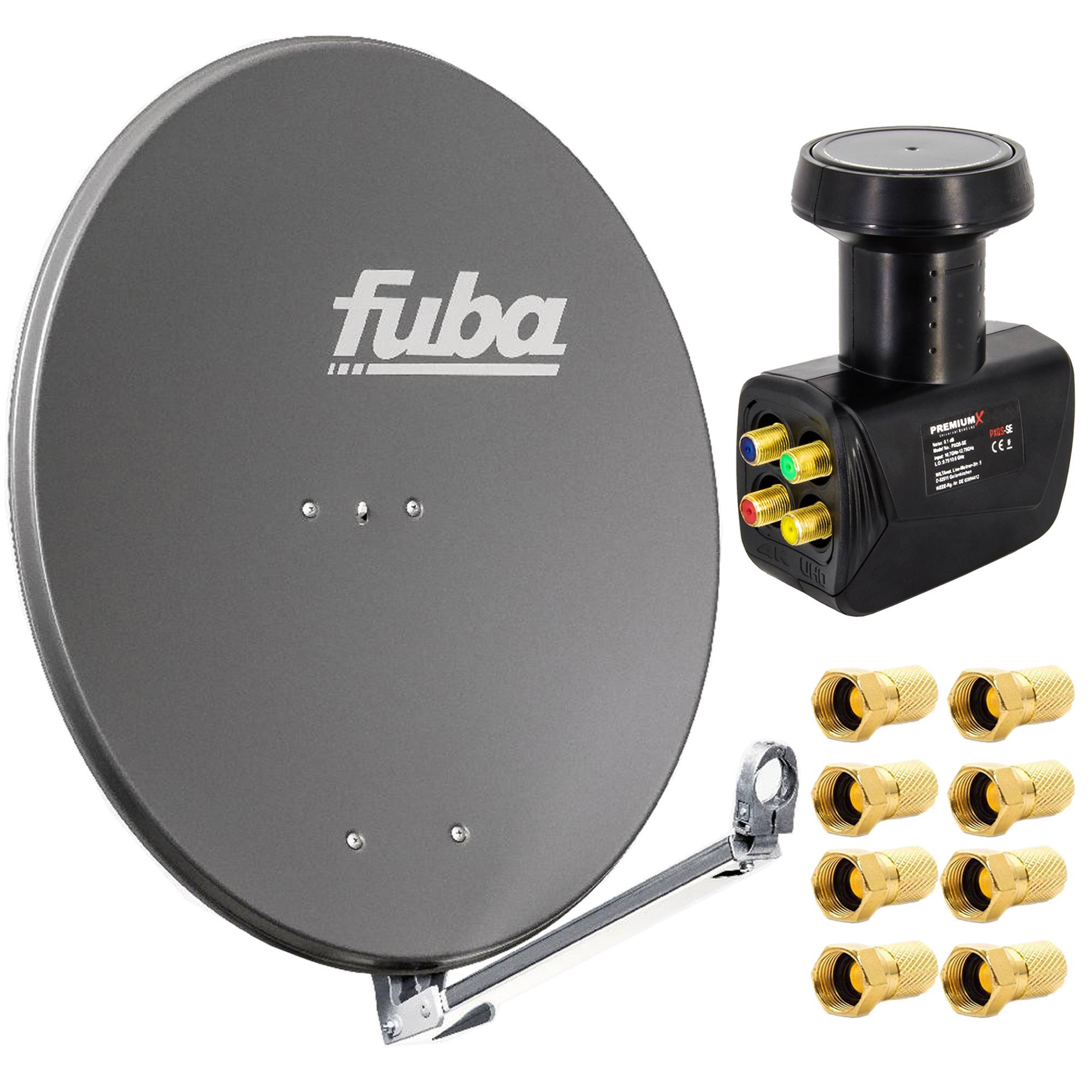 Fuba Satelliten-Komplettanlage DAL 800 A Satellitenantenne 80cm Anthrazit LNB Quad 8x F-Stecker SAT bis 4 Teilnehmer