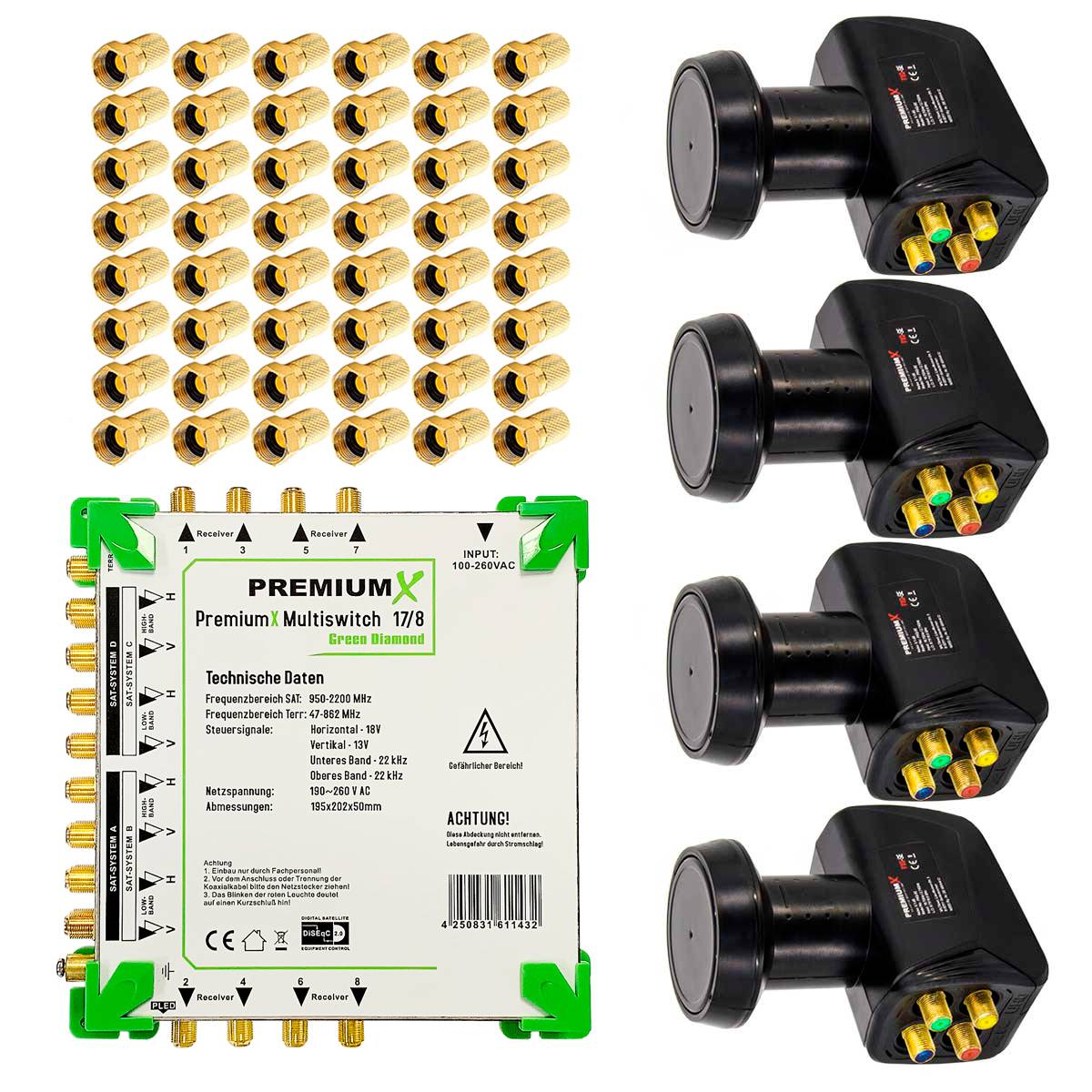 PremiumX Green Diamond Multischalter Set 17-8 Multiswitch 4x Quattro LNB 48x F-Stecker, 4 SAT bis 8 Anschlüsse 4K UHD 8K