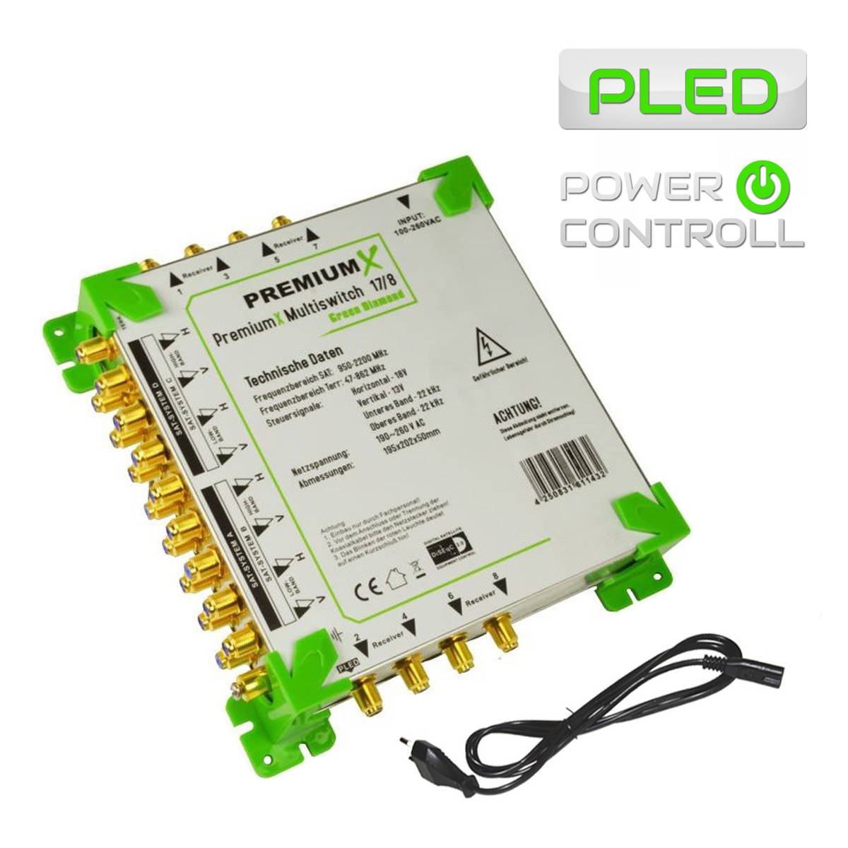 PremiumX Green Diamond Multischalter Set 17-8 Multiswitch 4x Quattro LNB 48x F-Stecker, 4 SAT bis 8 Anschlüsse 4K UHD 8K