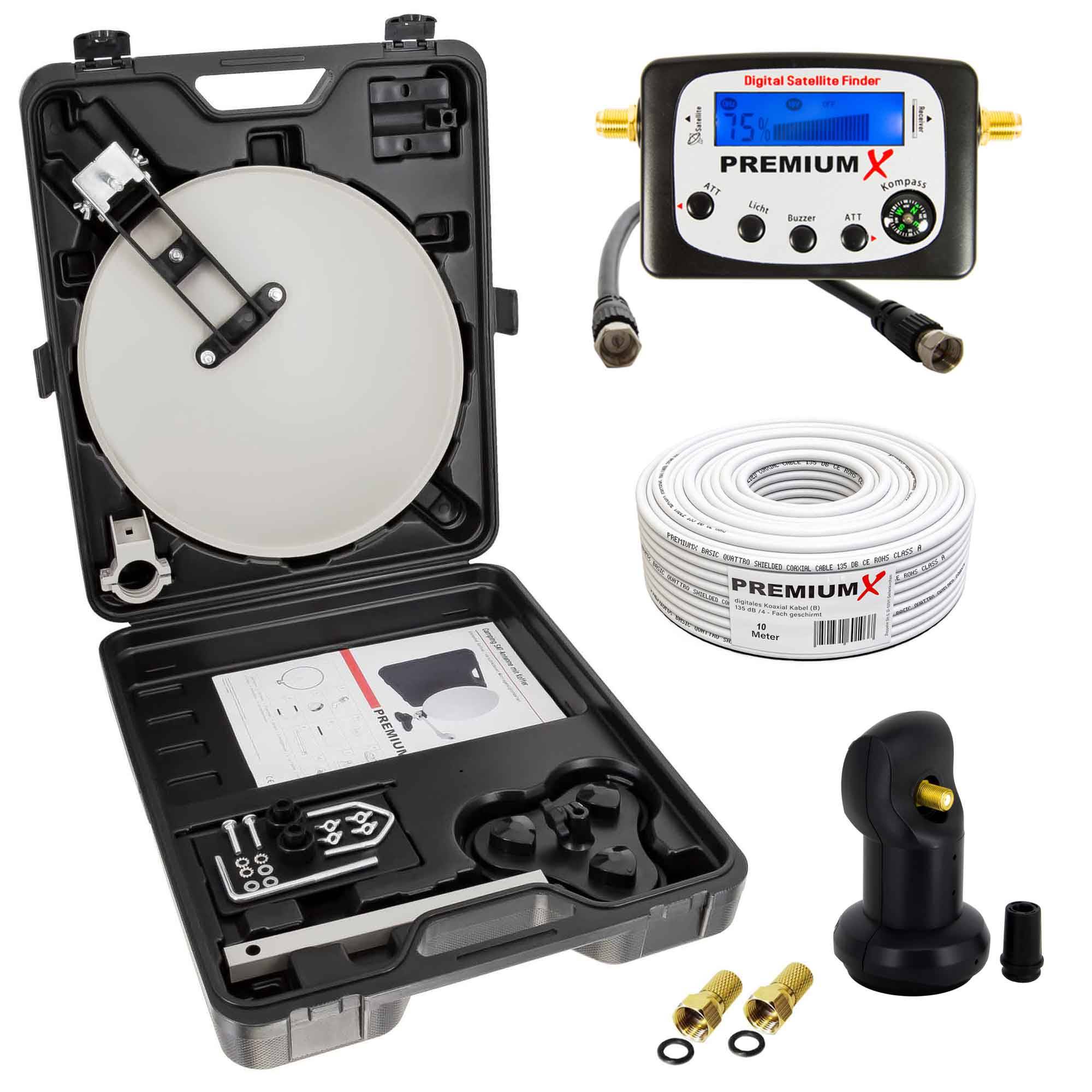 PremiumX Camping TV SAT Anlage Satelliten-Schüssel Single LNB 10m Antennen-Kabel F-Stecker Sat-TV-Signalfinder im Koffer