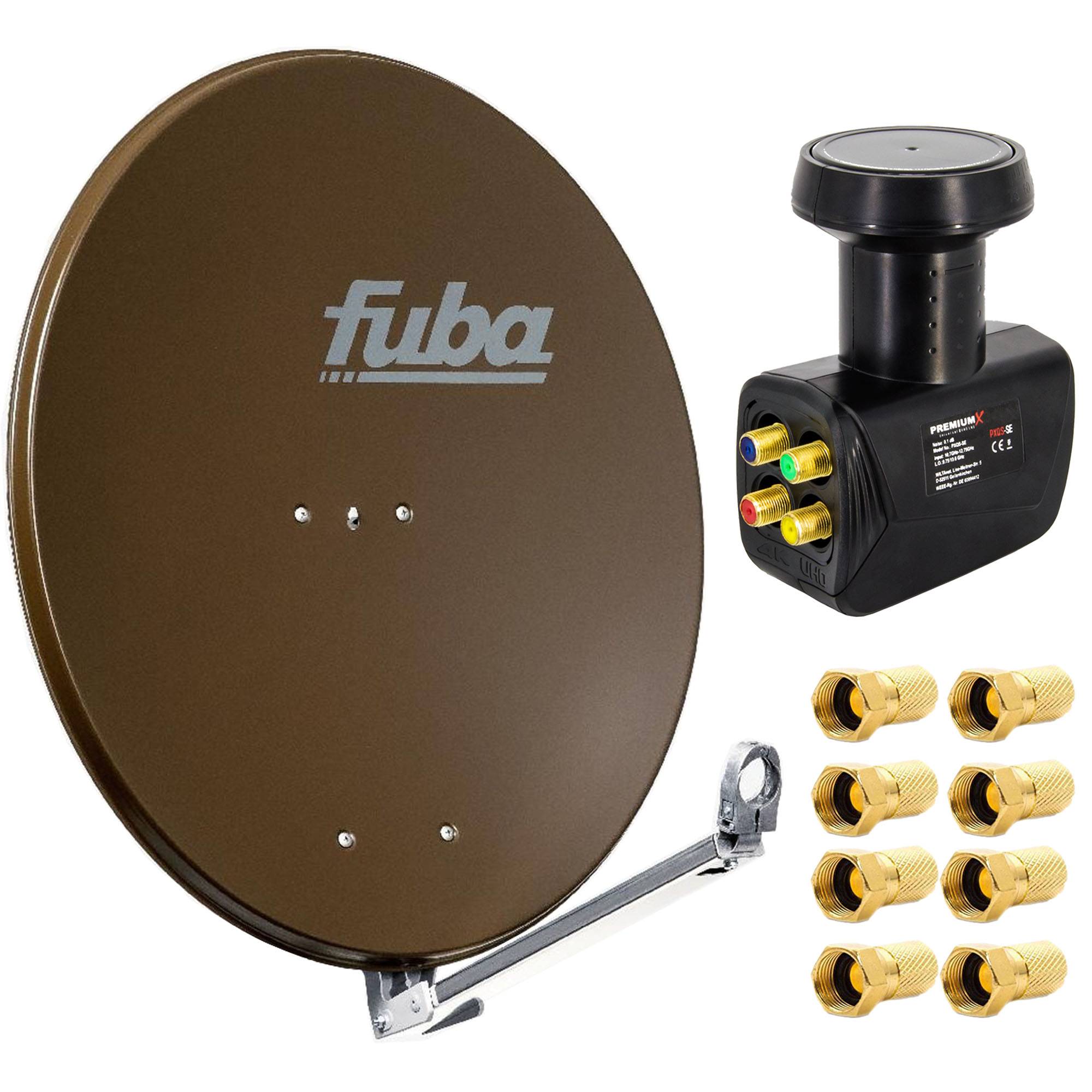 Fuba DAL 800 B Satellitenantenne Alu Braun 80cm LNB Quad zum Direktanschluss SAT bis 4 Teilnehmer 8x F-Stecker