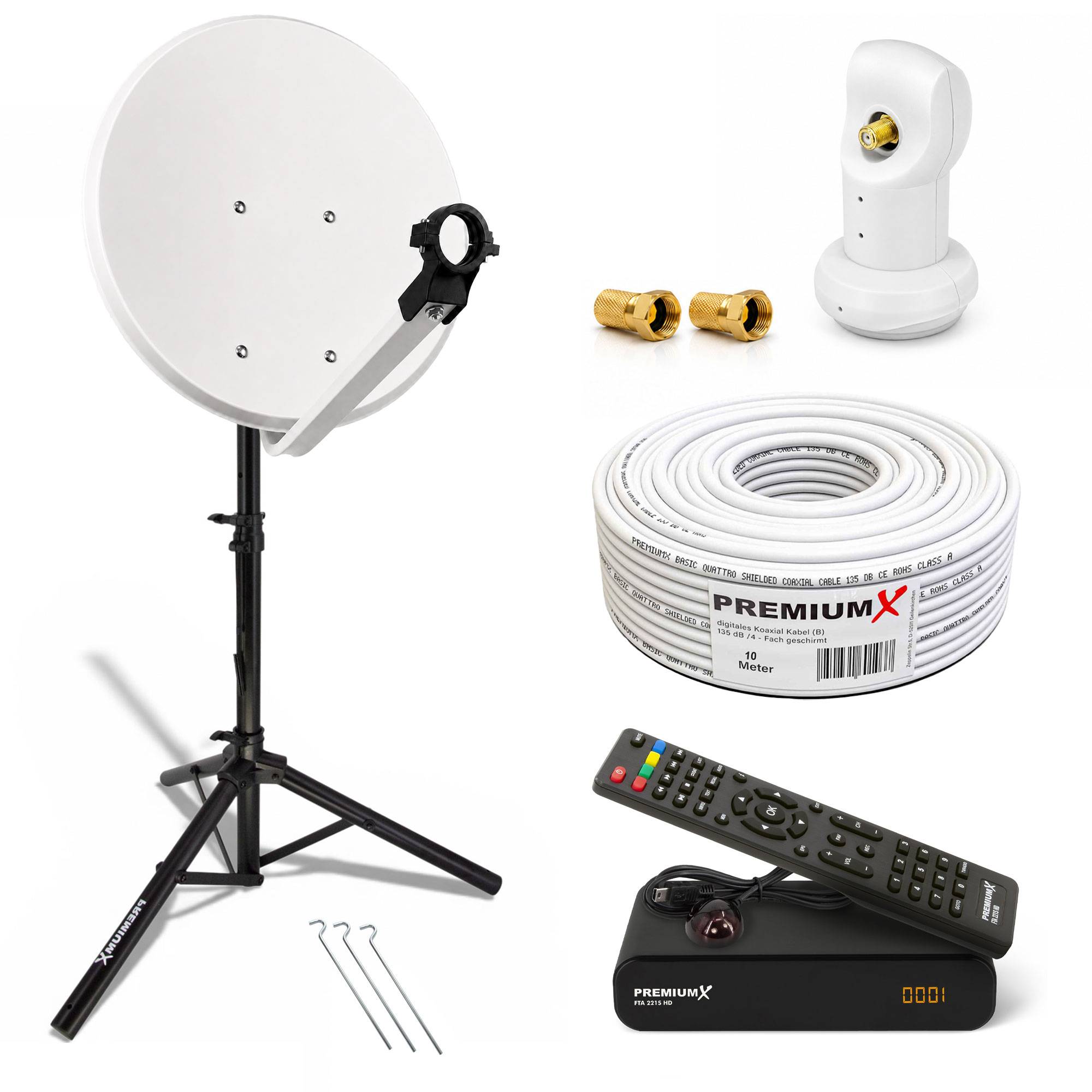 Satellitenfernsehen-Set mit weißer Schüssel auf Stativ, Receiver, Fernbedienung, Koaxialkabel, Adapter und Befestigungsstifte auf weißem Hintergrund.